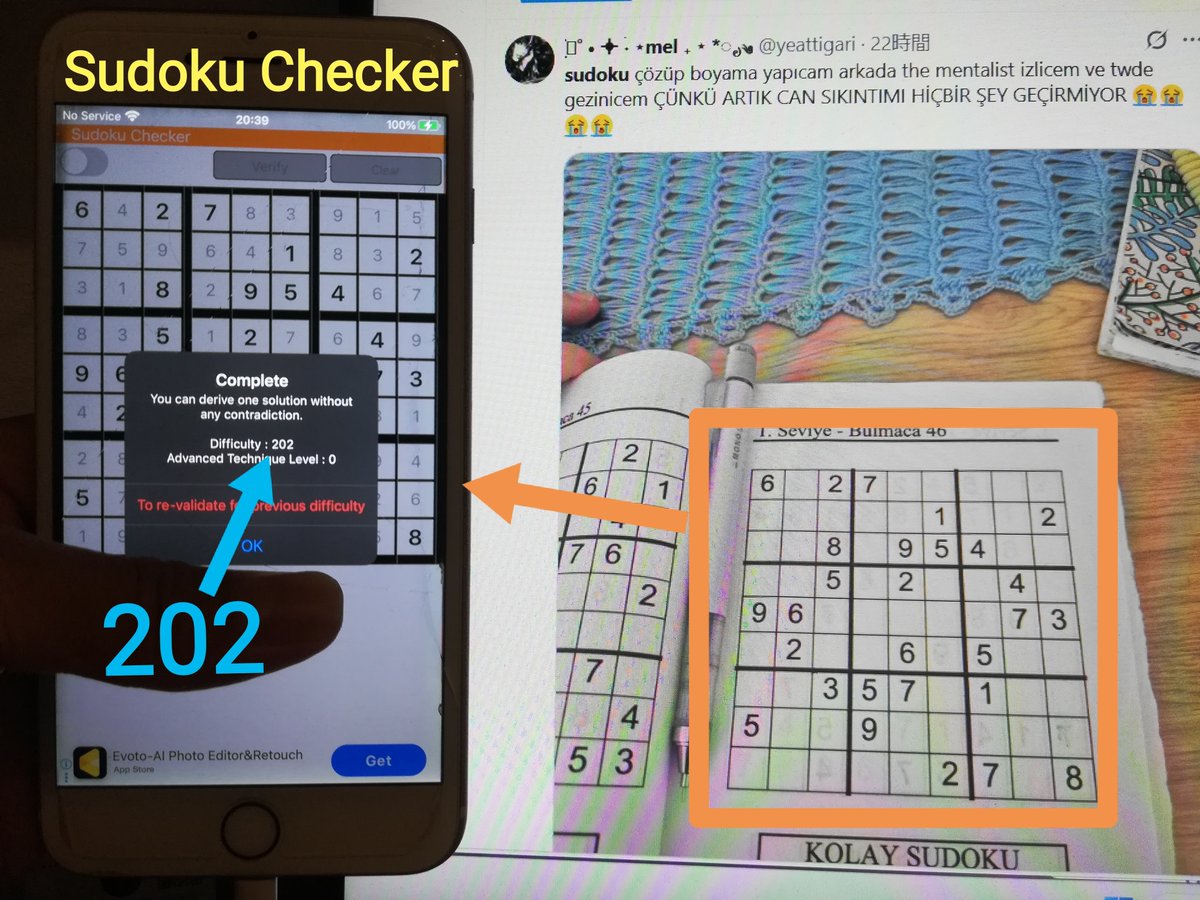 R2oTools's tweet photo. Bu Sudoku'nun zorluk seviyesi "Sudoku Checker" tarafından hesaplanan 202'tür.

Tahmini zorluk seviyesi:
100 ---Kolay
200 ---Orta <----202
300 ---Sert

Sudoku Checker eğlence için yaptığım ücretsiz bir uygulamadır.
https://t.co/FP5GIMVxN4
App Store'dan indirin

#Sudoku #Zorluk https://t.co/3p07zhWuPY