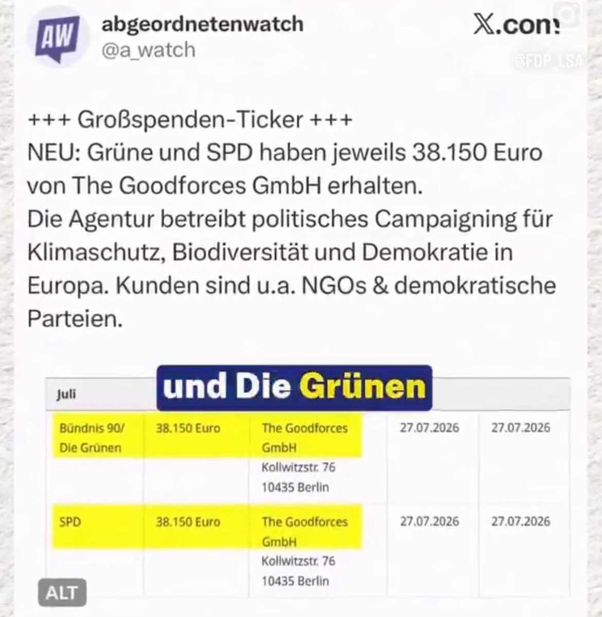 LiberalMut's tweet photo. Moment mal. 

Die Firma Goodforces wird mit der Taktisch Wählen Kampagne, die SPD & Grüne bevorzugt, beauftragt und spendet dann jeweils 38.150€ an SPD & Grüne. 

Das macht keinen Sinn wenn SPD & Grüne Auftraggeber der Kampagne sind. Wozu der Kickback? 

Es sei denn es handelt sich um offizielle Gelder, wie NGO-Steuerkohle mit der die Kampagne bezahlt wird. 

Hier müssten mal echte Journalisten recherchieren wie das genau läuft. Also ÖRR scheidet schon mal aus.