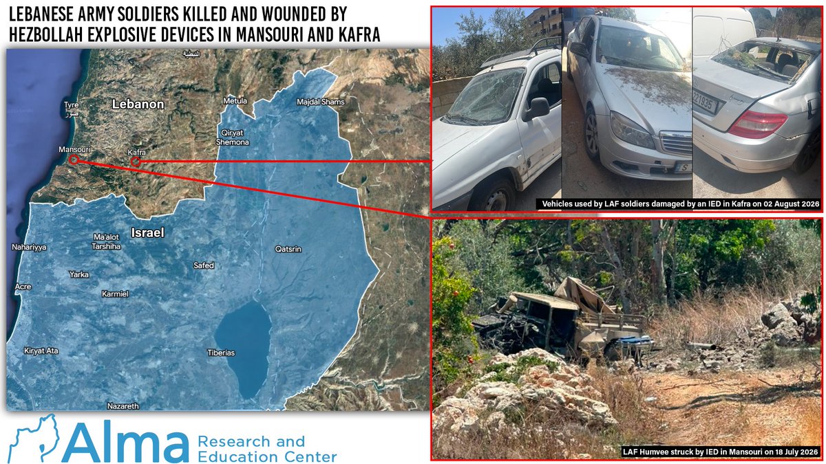 Israel_Alma_org's tweet photo. Two IED incidents targeting the Lebanese Armed Forces (LAF) within less than three weeks raise an important question: Is Hezbollah sending a message to the Lebanese state and its military?

In both incidents, LAF vehicles were struck. Against the backdrop of ongoing discussions in Lebanon over disarming Hezbollah, the question arises whether these were merely explosive devices left behind from the fighting, or a deliberate warning ahead of any attempt by the Lebanese state to move against the organization.

If preventing a new civil war is the Lebanese Army's overriding priority—as Commander-in-Chief Rodolphe Haykal stated this week—how will the army be able to implement the Lebanese government's decision to disarm Hezbollah?

Read the full analysis >>  https://t.co/LUeCStXf8d