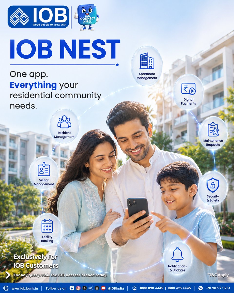 IOBIndia's tweet photo. Visit:  https://t.co/DxAyC77uBu

Modern residential spaces deserve efficient digital support. ​

Explore how IOB enables hassle-free administration, secure access
and simplified everyday operations through an integrated platform. ​

Learn more today.​

Download here:

For Playstore: https://t.co/i3jxs0Ins5

For Appstore: https://t.co/HSqP6yFlqI

#IOBNest #SmartCommunity #DigitalLiving #IOB
#IndianOverseasBank #GoodPeopleToGrowWith #DFS
#RBI#IOBForYou