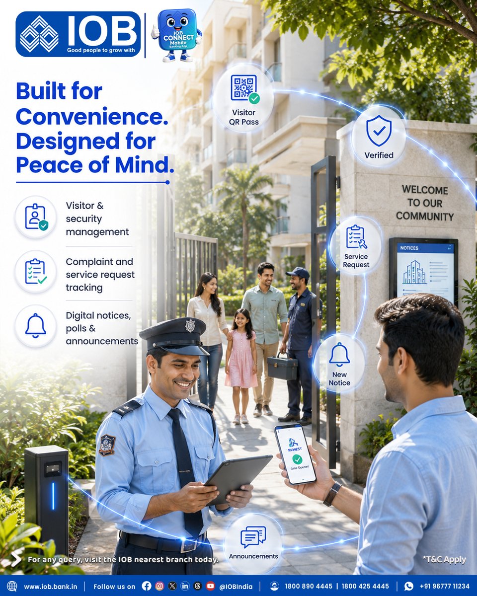 IOBIndia's tweet photo. Visit:  https://t.co/DxAyC77uBu

Modern residential spaces deserve efficient digital support. ​

Explore how IOB enables hassle-free administration, secure access
and simplified everyday operations through an integrated platform. ​

Learn more today.​

Download here:

For Playstore: https://t.co/i3jxs0Ins5

For Appstore: https://t.co/HSqP6yFlqI

#IOBNest #SmartCommunity #DigitalLiving #IOB
#IndianOverseasBank #GoodPeopleToGrowWith #DFS
#RBI#IOBForYou