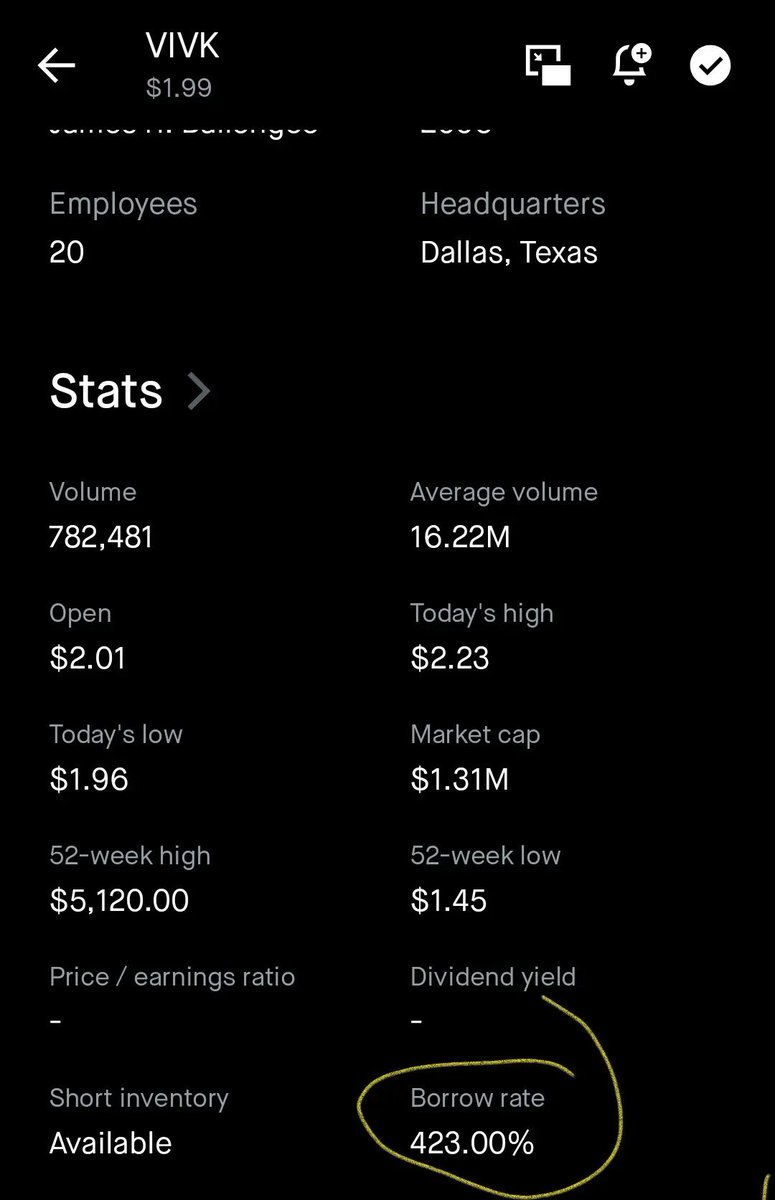 WeDoPunchHoes's tweet photo. Market Watch: $VIVK
One metric standing out today is the elevated 423% borrow rate.
While borrow fees alone don't determine price direction, they can be an important indicator of market positioning and potential volatility.
Definitely one to keep on the radar.
#VIVK #StockMarket #SmallCaps
