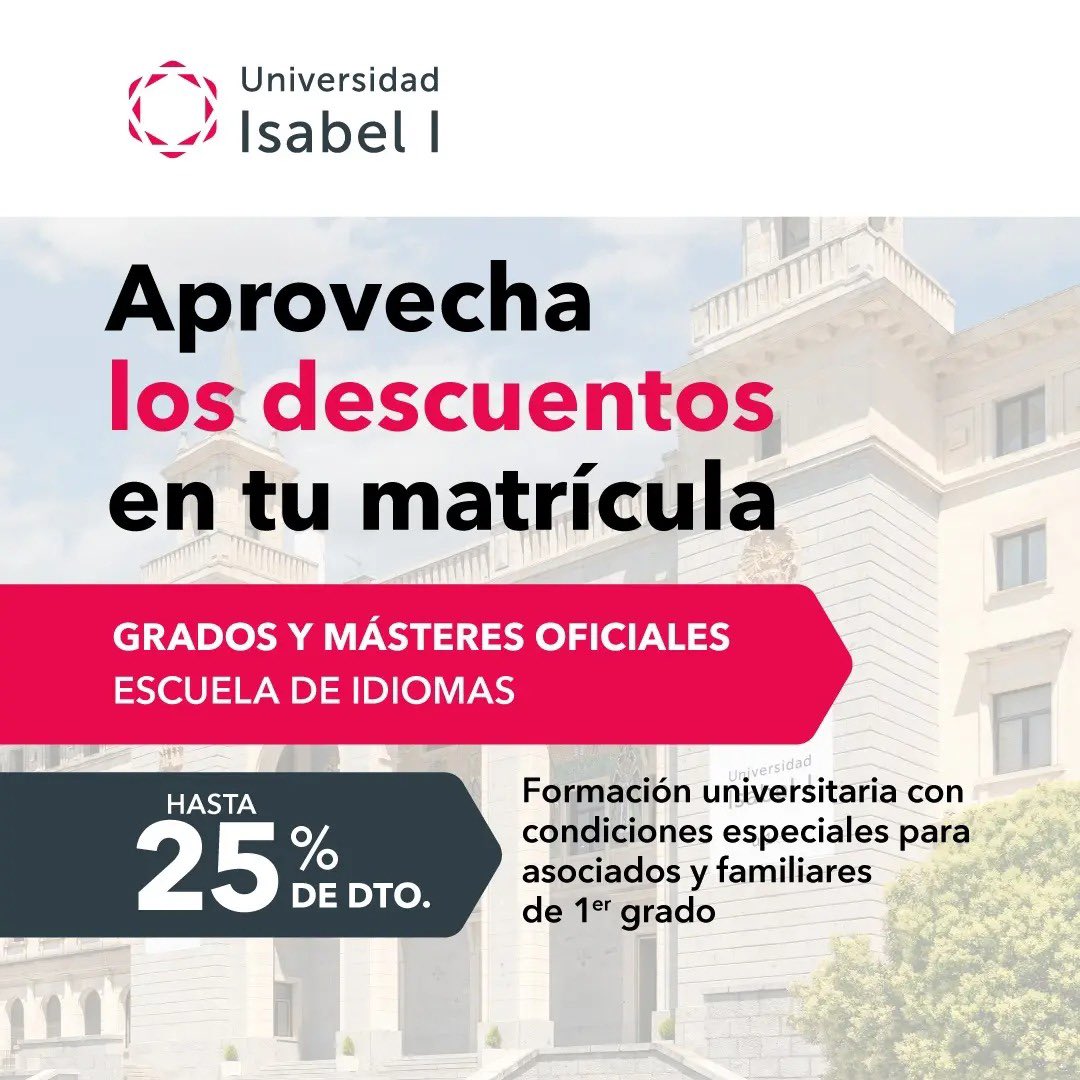 FEUSO_ANDALUCIA's tweet photo. 💥 ¡Nueva promoción afiliación de #USO!

🎓 Importantes descuentos en tu matrícula en la formación reglada y de idiomas de la U. Isabel I.
ℹ️ Lee las bases y solicita tu certificado de afiliación o afíliate a USO.
🔗 https://t.co/FBEazwmlis
👍📝 Afíliate:  https://t.co/aw3Ainy3H8 https://t.co/b9021nFe46