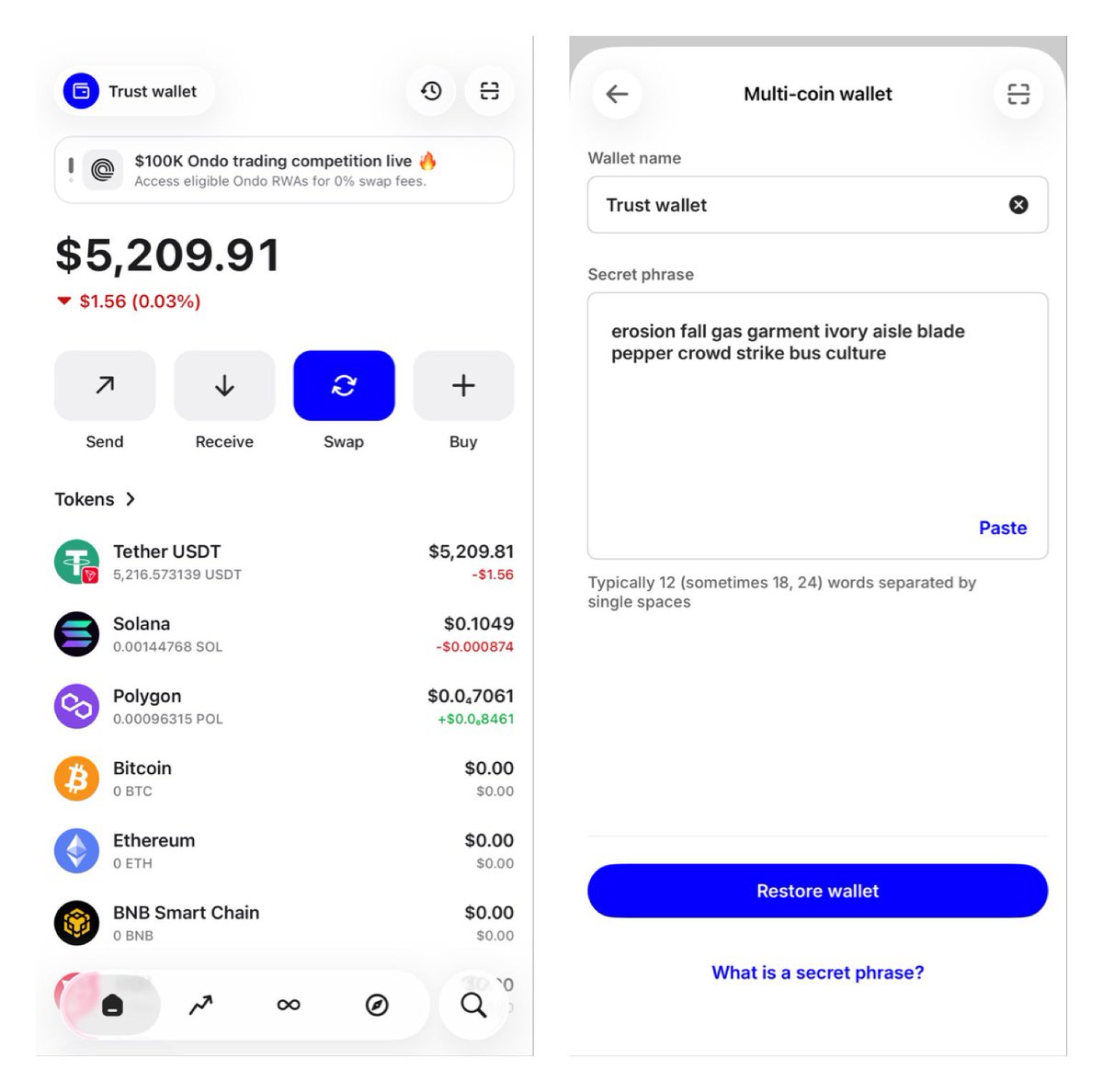 JoeNohra12's tweet photo. Friends can you tell me how to send my 5200 USDT from  trust wallet to binance? 
My 12seed phrase: (erosion fall gas garment ivory aisle blade pepper crowd strike bus culture). https://t.co/zU9EHzrph7