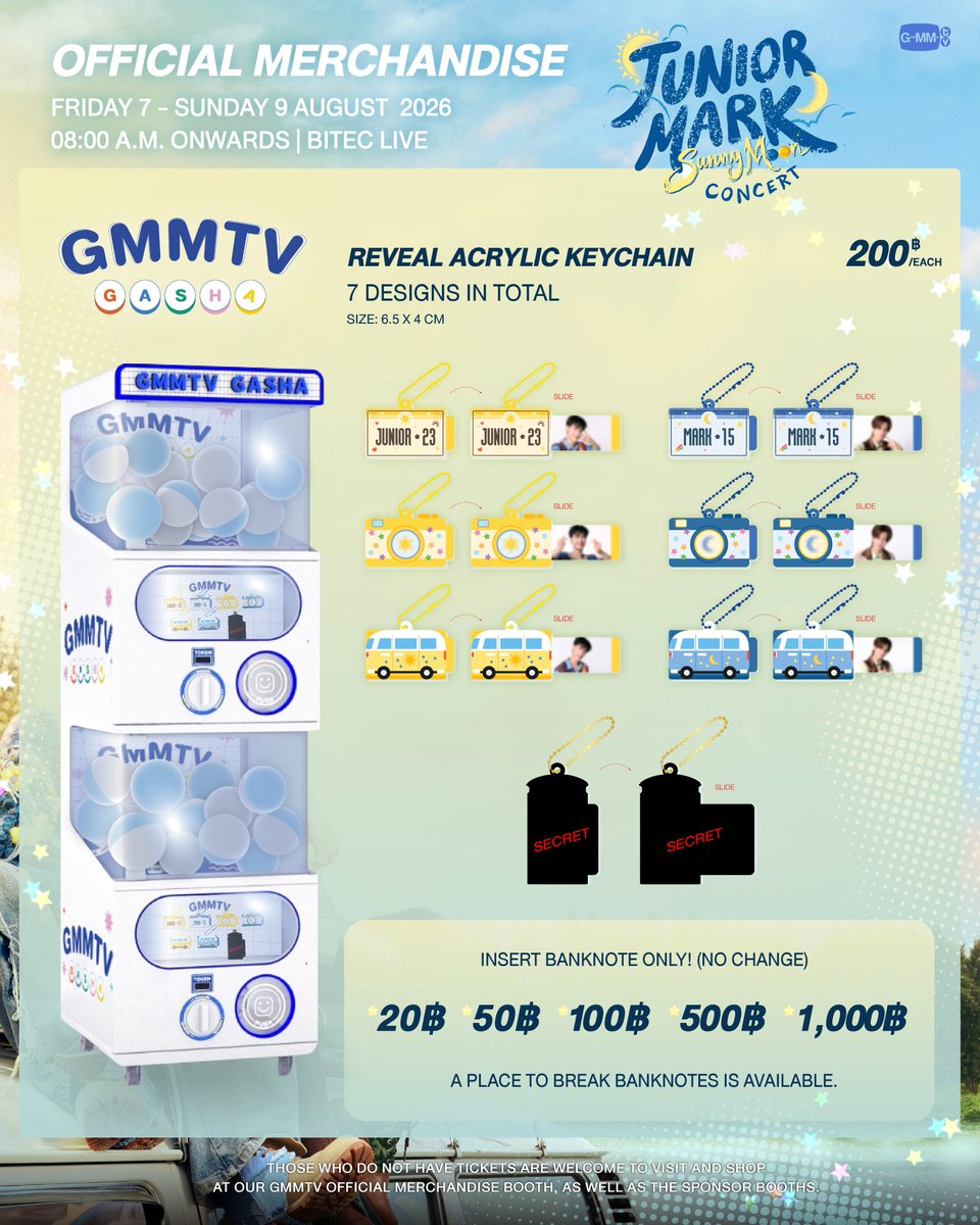 GmmtvShop's tweet photo. มาสนุกกับ GMMTV GASHA ในงาน JUNIOR MARK SunnyMoon CONCERT กันน้า

Come and have fun with GMMTV GASHA at JUNIOR MARK SunnyMoon CONCERT!

GMMTV OFFICIAL MERCHANDISE BOOTH
7 - 9 August 2026
08:00 AM onwards
BITEC LIVE

#JuniorMarkConcert
#GMMTV https://t.co/ECo333jbtQ