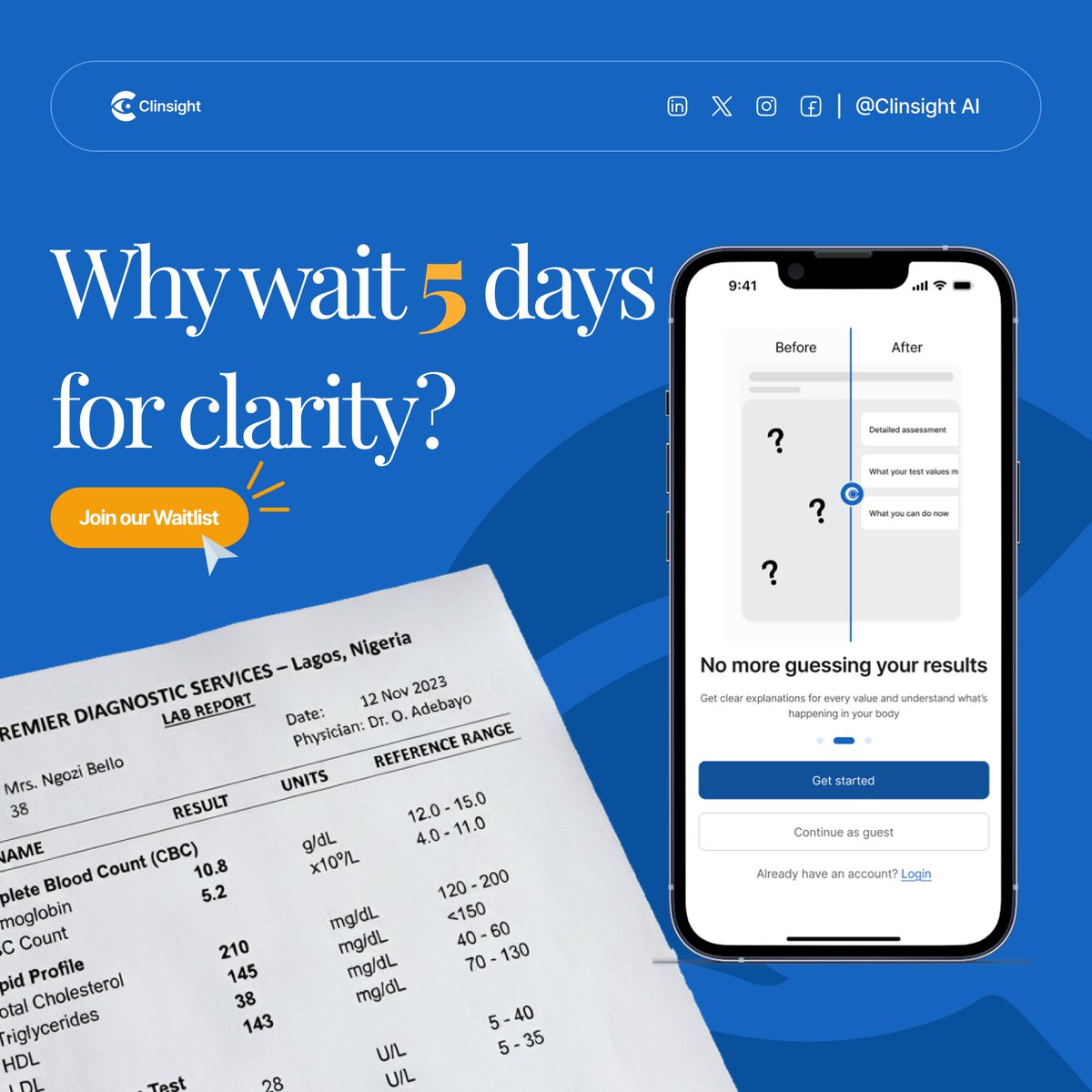Clinsightai's tweet photo. Your lab result should not stay confusing for 5 days while you wait for a doctor's appointment.  With Clinsight, you upload your lab result and get a plain-language explanation instantly no medical jargon, no panic Googling. Clinical clarity. Instantly.  Follow Us For more info https://t.co/3AiTQzCOT5