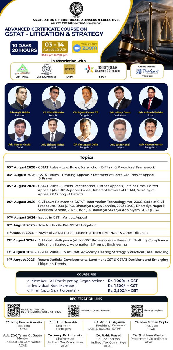 VnV_CA's tweet photo. Delighted to share that CA Venugopal Gella and CA Rajesh Kumar T R of Venu & Vinay, Chartered Accountants are speaking at the Advanced Certificate Course on GSTAT – Litigation & Strategy by ACAE.

📅 3–14 Aug 2026
🕔 5:00–7:00 PM
💻 Online (Zoom)
Wishing them a successful and insightful programme.
#GST #GSTAT #Tax #IndirectTax #CA #ProfessionalDevelopment