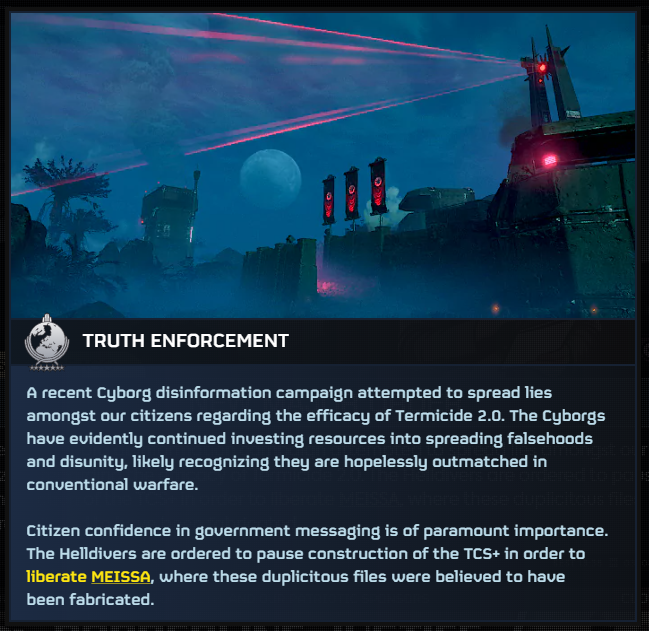 DemocraticStats's tweet photo. ⚠️🚨HELLDIVERS STRIKE DOWN CYBORG LIES - MAJOR ORDER DECLARED🚨⚠️

The recent TCS+ misinformation campaign has been traced back to the Communication Array on Meissa, a known place for spreading anti-democratic lies.

Now, the Helldivers to strike down these lies and liberate the Meissa system, in order to destroy the Cyborgs on the planet and stop this misinformation campaign, the only way of warfare in which the Cyborgs are successful.

The Cyborgs have heavily fortified the system, with its resistance going up to 4.5%

Democratic Statistics™ Department for Galactic War Studies will like to remind everyone to not try to siege Meissa, and instead strike the system directly in order to complete the MO the most efficient way possible.