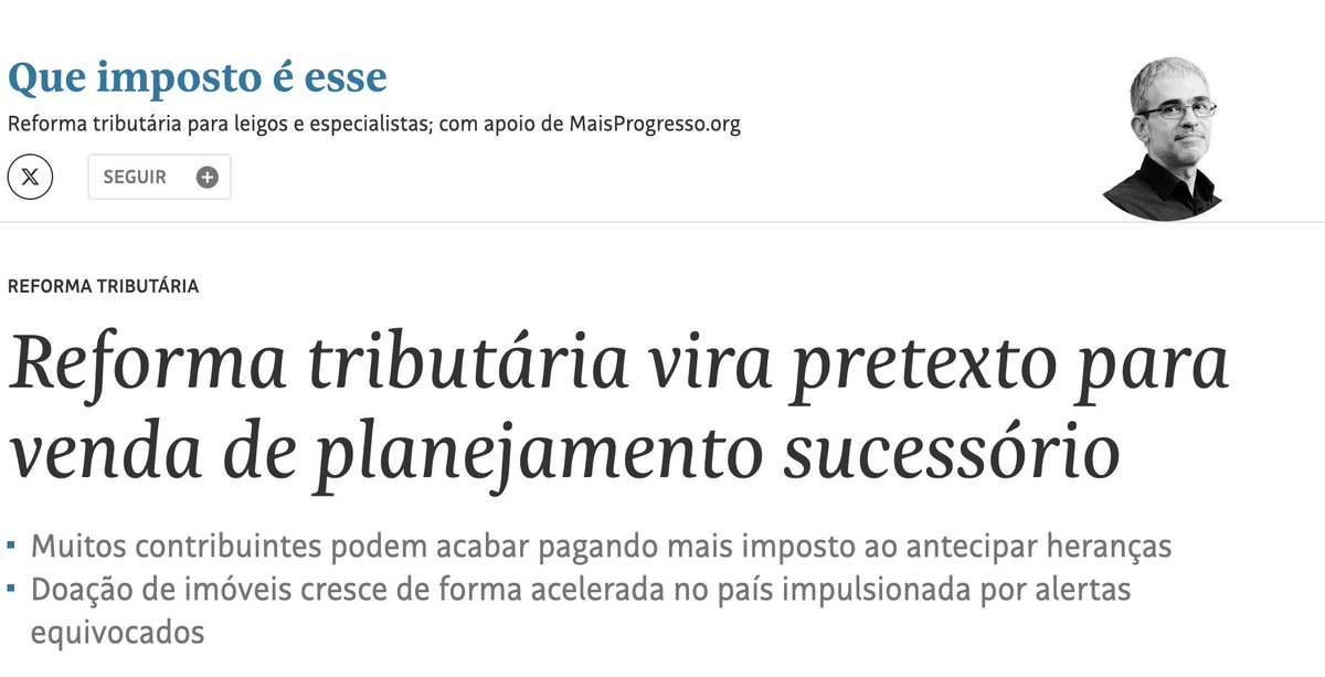 opapoeconomico's tweet photo. A reforma tributária virou pretexto pra vender planejamento sucessório. Muita gente tá pagando mais imposto achando que tá economizando.

O medo: "o ITCMD vai subir pra 16% em 2027, doe seus imóveis agora!"

A realidade: não existe projeto de aumento do ITCMD em SP pra 2027. A alíquota continua em 4%. Estão dizendo isso desde 2023.

O que mudou de verdade: a Constituição agora exige que o ITCMD seja progressivo. Mas 6 estados (SP, MG, ES, PR, MS e RR) ainda nem fizeram a mudança. Nenhum deles tem punição por descumprir.

O que acontece na prática: gente doando imóvel pra filho pagando 4% hoje, quando a progressividade pode REDUZIR a alíquota pra 1% em faixas menores.

Anteciparam aos governos estaduais um dinheiro que só chegaria daqui a 20-30 anos.

Planejamento sucessório é útil pra quem precisa. Mas tomar decisão com base em medo fabricado por assessor é jogar dinheiro fora.