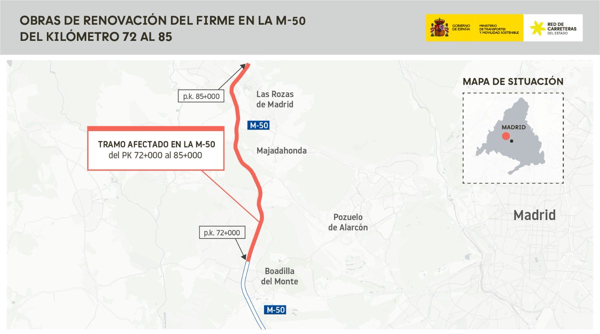 transportesgob's tweet photo. Continuamos la campaña de rehabilitación del firme de la M-50 en la Comunidad de Madrid, con una inversión de 13,8 M€.

Desde esta noche, actuaremos entre Las Rozas (km 85) y Boadilla del Monte (km 72), en horario nocturno para minimizar afecciones.

ℹ️https://t.co/DyCO5iMl9E https://t.co/hwoptFvUWW