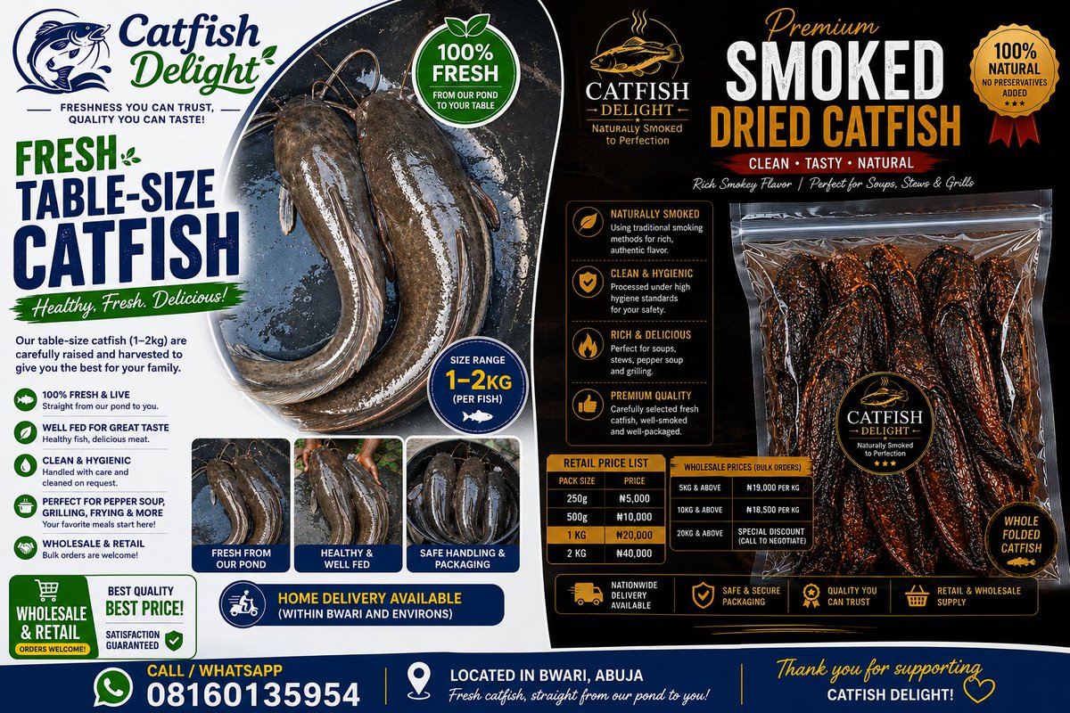 DejoLizzy's tweet photo. Craving quality fish? We've got you covered! 🐟
Fresh Catfish – 1kg and above
Premium Smoked Catfish also available.
Fast delivery and affordable prices.
Chat me now to order.
WhatsApp: 08160135954 https://t.co/9t09GdRM47