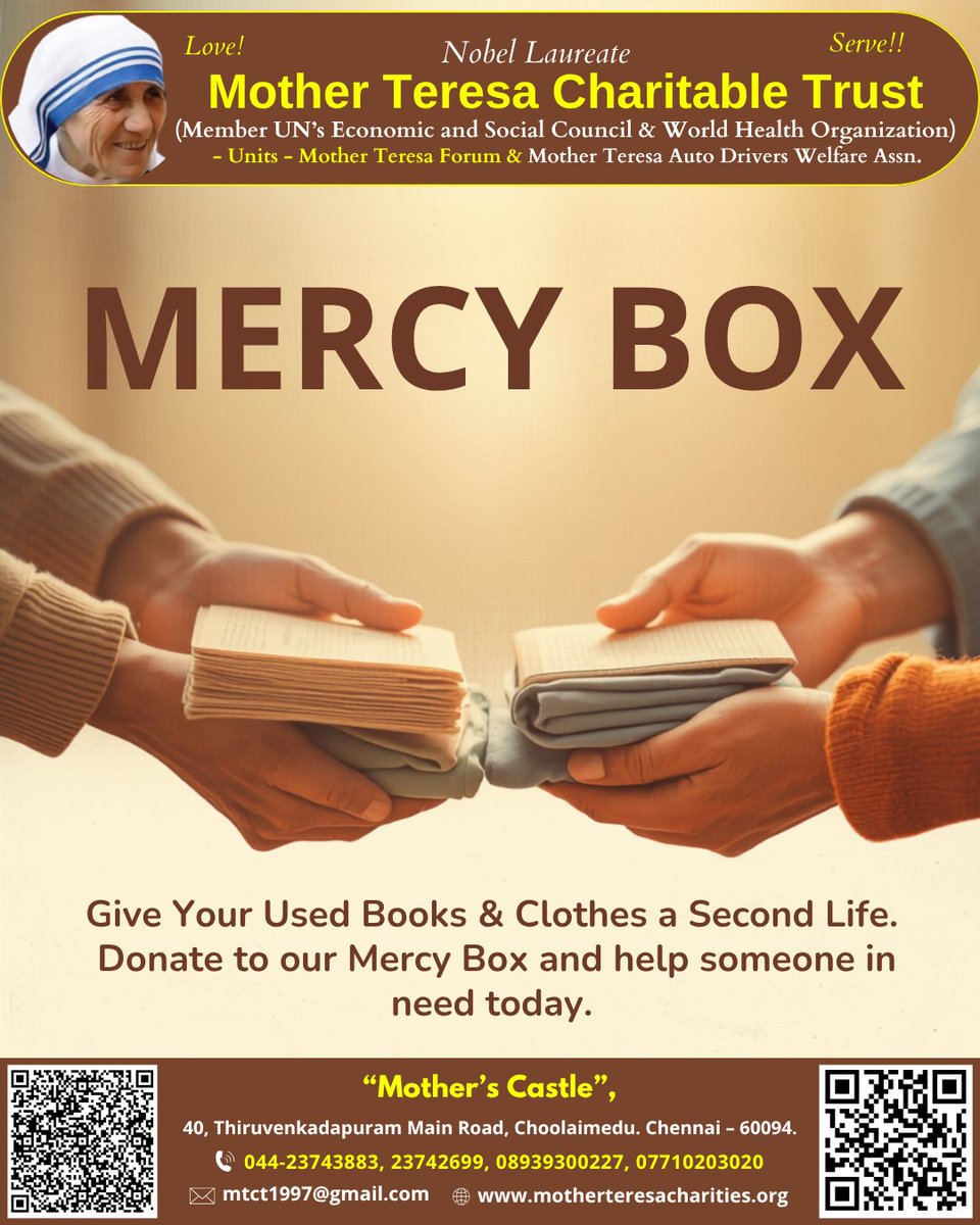 Mtctcharities's tweet photo. Mercy Box
Give Your Used Books &amp; Clothes a Second Life.
Donate to our Mercy Box and help someone in need today.

📞 8939300227
🌐 https://t.co/KvxcmFJcI9

#MotherTeresaCharitableTrust #Donate #FreeTuition #EducationForEveryone #education #thalapathy #CSR #thalapathyvijay #tvk https://t.co/hoOSA9GxUg