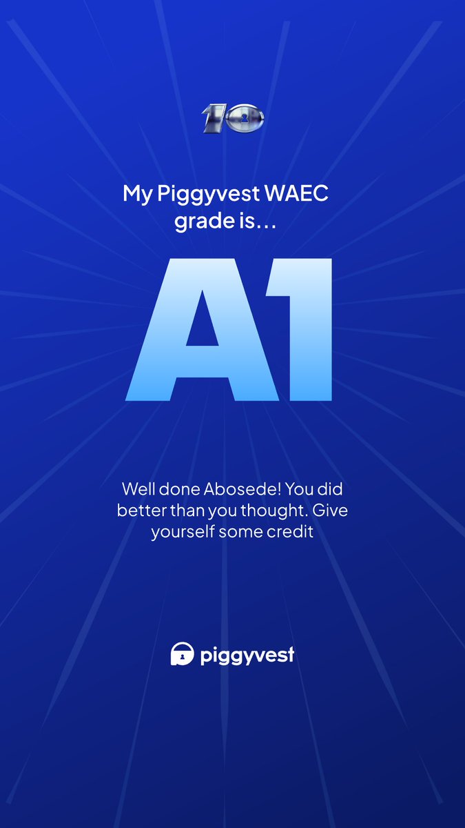 iam_bolah's tweet photo. My PiggyVest H1 WAEC grade is: A1. What is yours? → https://t.co/fCoEAx7d3X https://t.co/VUxKLWYMtr