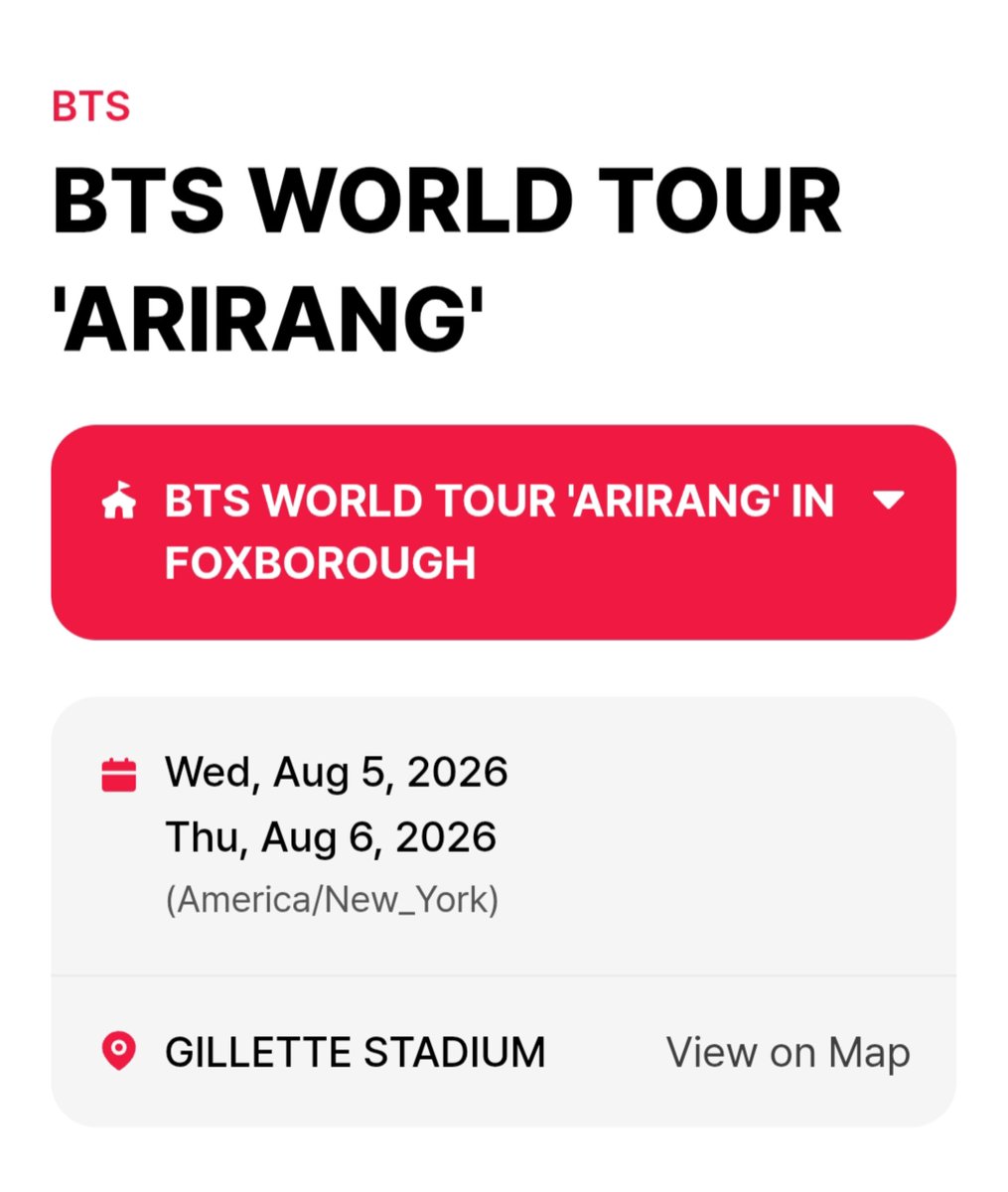 laviedenoona's tweet photo. BTS WORLD TOUR 'ARIRANG' IN FOXBOROUGH 💜

📌 Waktu Indonesia 
🗓️ 6, 7 Agustus 2026 
⏰ 
— Soundcheck : 04.00 WIB
— Concert : 07.00 WIB 
📍 GILLETTE STADIUM 

ARMY! Jarak konsernya kali ini ga begitu jauh, kamis jum'at besok kita udah konseran lagi 🥳❤️‍🔥 https://t.co/lJ0tW3tJNl