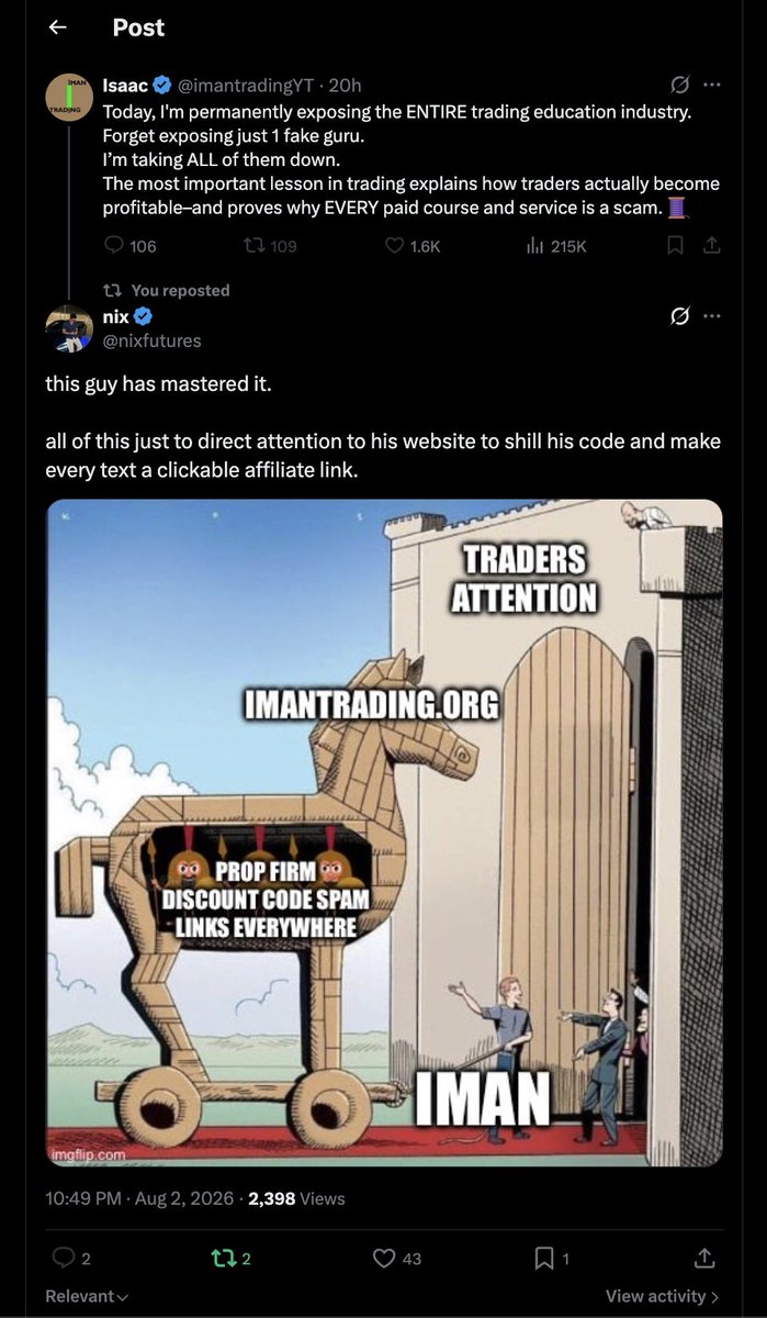 nixfutures's tweet photo. @imantradingYT blocked me over a meme, so let's talk about the "free course" site he sends everyone to.

be careful to who you give your attention to in this space. 

The most reliable grift in this space isn't the fake guru.

It's the guy exposing the fake gurus.

Same funnel, better disguise: 
outrage → trust → "free course" site → affiliate links. 

You just pay with attention instead of a card.

The exposé IS the funnel.

And watch what happens when someone actually pushes back.

Casper answered the claims, showed his side, and Iman went quiet. He had already gotten the attention. 

There's never a follow up video or an apology. 

and to be clear I also have my codes, i'm just showing you the funnel he uses so you know who to support.