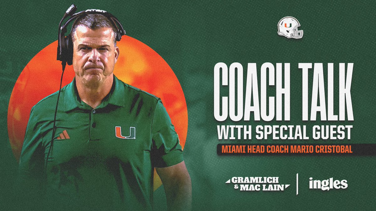 EricMacLain's tweet photo. Let’s talk CANES! @coach_cristobal joins us to preview @CanesFootball upcoming season. 
💪TRENCH TALK who steps up on the LOS
🏆 The sense of urgency this team has
🏈  So much skill on the perimeter 

https://t.co/fSHAnPzAA7 https://t.co/GYgHfguUoJ