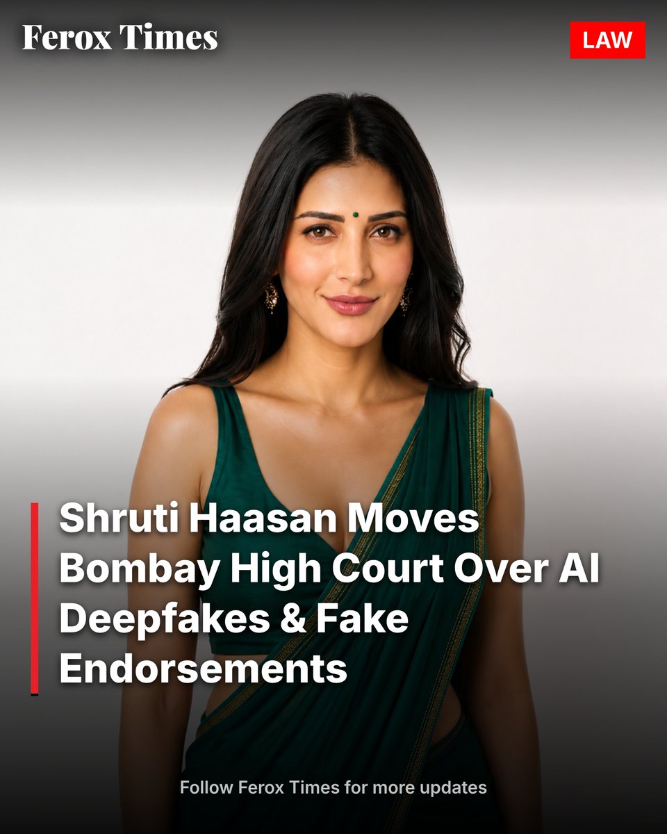 feroxtimes's tweet photo. Actor Shruti Haasan has approached the Bombay High Court, alleging that AI-generated deepfakes and fake endorsements are being used without her consent. The case highlights growing concerns over the misuse of artificial intelligence, identity rights, and digital impersonation. https://t.co/vbH3iQFz4y