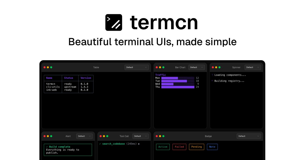 termcn: shadcn/ui 스타일의 React용 터미널 UI 컴포넌트 대표 이미지
