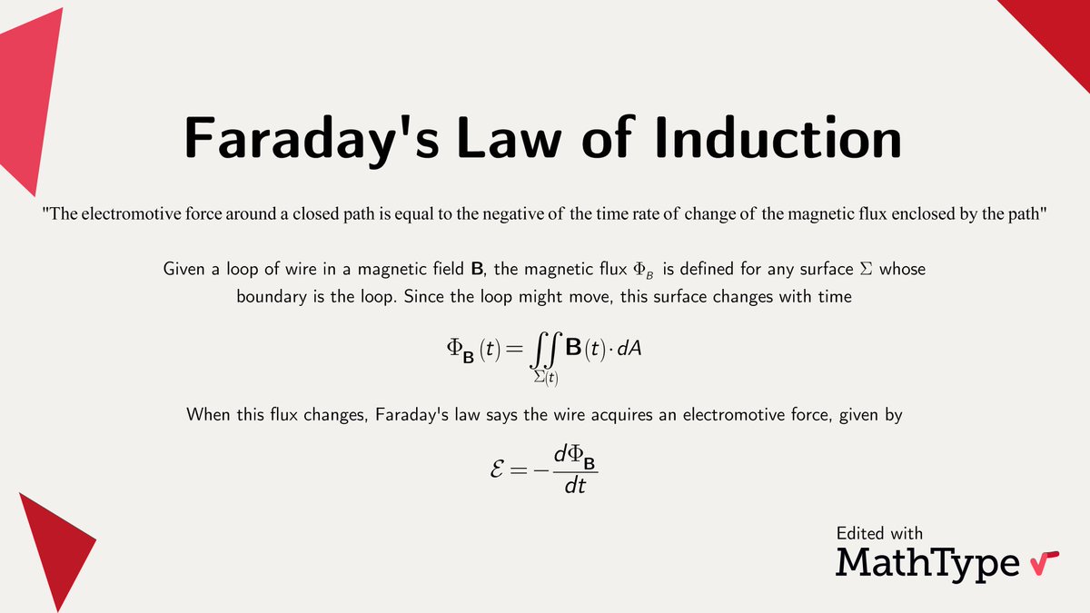 MathType's tweet photo. Faraday became one of the most influential scientists in history by establishing the concept of electromagnetic field and discovering many principles related to #Electromagnetism, like his law of electromagnetic induction.
#MathType #math #mathematics #mathfacts https://t.co/jwQy6CP3uK