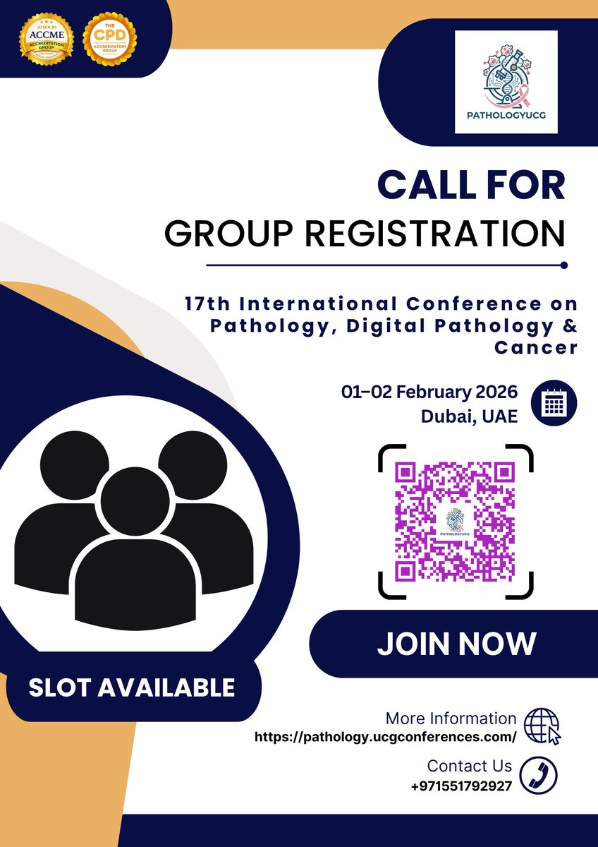 EPUCGCongress's tweet photo. The 17th International Conference on Pathology, Digital Pathology & Cancer, taking place February 01-02, 2027, in Novotel Al Barsha, Dubai.
https://t.co/FN9XVoLAgC
#GroupPassOffer #PathologyUCG #DigitalPathology #MedicalConference #LaboratoryMedicine #OncologyCommunity https://t.co/whzDz7PhBl