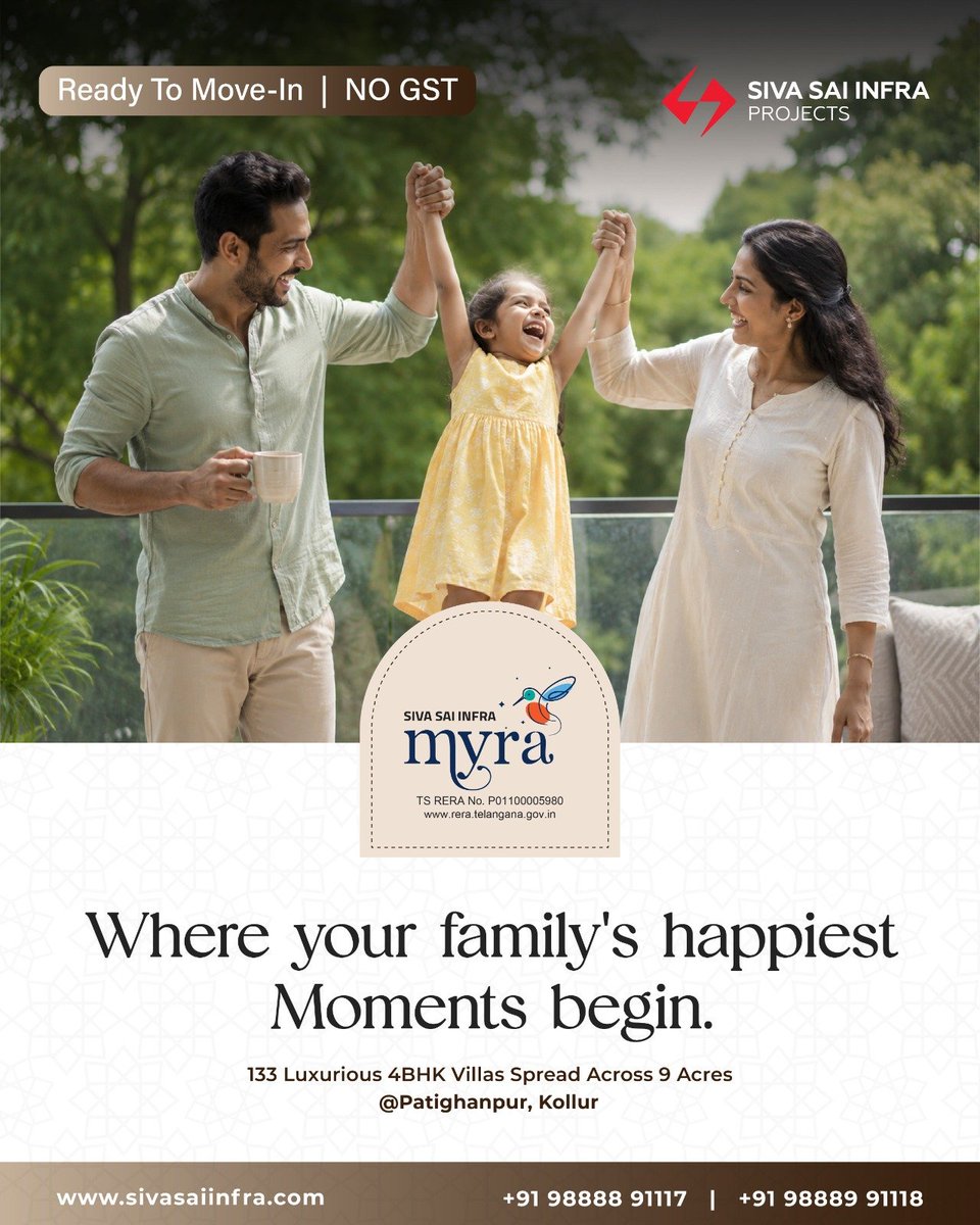sivasaiOfficial's tweet photo. Every cherished family moment finds its perfect beginning at Myra, where spacious living meets timeless comfort and happiness.
.
.
[4 BHK Villas, Ready to Move Villas, Luxury Villas, Patighanpur, Kollur, OC Received, No GST, Premium Villa Community]
#SivaSaiInfra #ReadyToMove https://t.co/O1zCT1PXK5