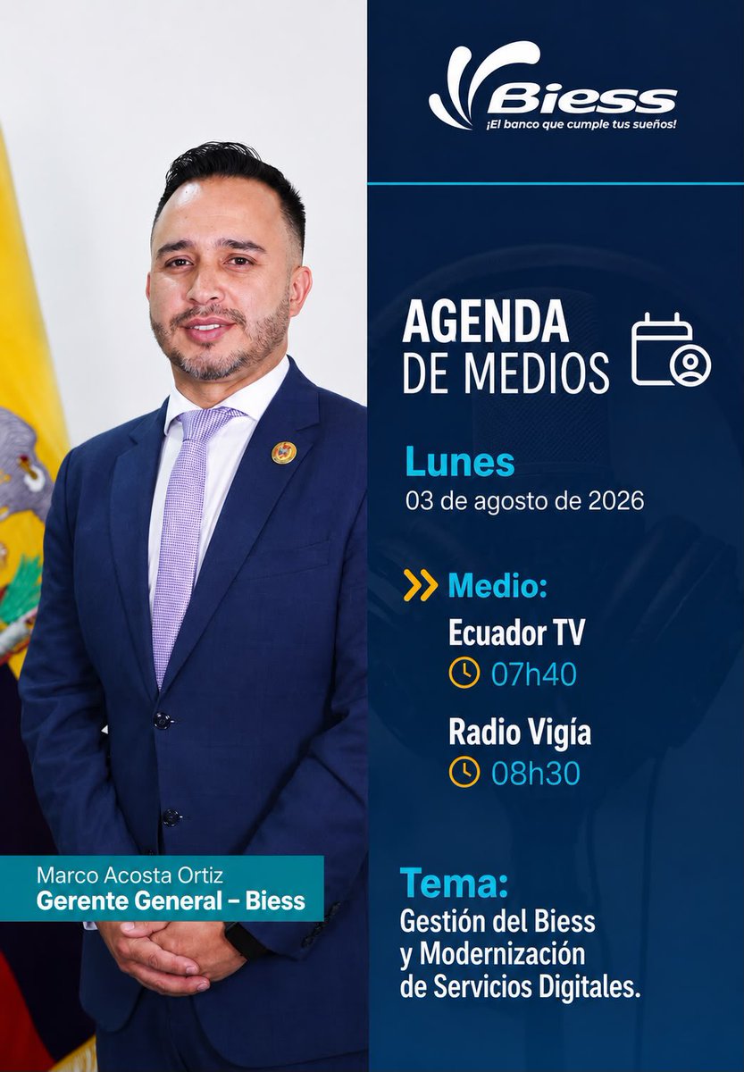 BiessEcuador's tweet photo. #BiessEnMedios Sintoniza la entrevista de nuestro Gerente General, Marco Acosta, quien compartirá detalles la gestión del BIESS y la modernización de nuestros servicios digitales. 

Encuentra la inf aquí 👇🏽 https://t.co/U9OWSBN7Hg
