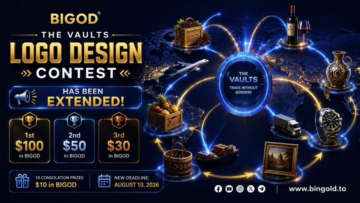 BiGODToken's tweet photo. 🚨 The Vaults Logo Design Contest Has Been Extended!
We've seen many creative submissions, thank you to everyone who participated! 💛
However, after reviewing the entries, we believe the perfect logo for The Vaults has yet to be found.
⏳ New Deadline: August 10, 2026
What are we looking for?
The Vaults is not just a marketplace.
It is a place where the world's hidden treasures come together.
Every country has its own treasure: Coffee, Wine, Watches, Handicrafts, Agriculture, Art, Culture
The Vaults exists to unlock these treasures and connect them with the world.
Logo Guidelines
✨ Simple and memorable
✨ Inspired by the idea of a vault / treasure / protected value
✨ Represents trust, security, culture, and global connection
✨ No BIGOD text required
✨ Use the BIGOD brand colors
🎁 The prize pool remains unchanged.
We can't wait to see your next masterpiece.
Good luck, creators!