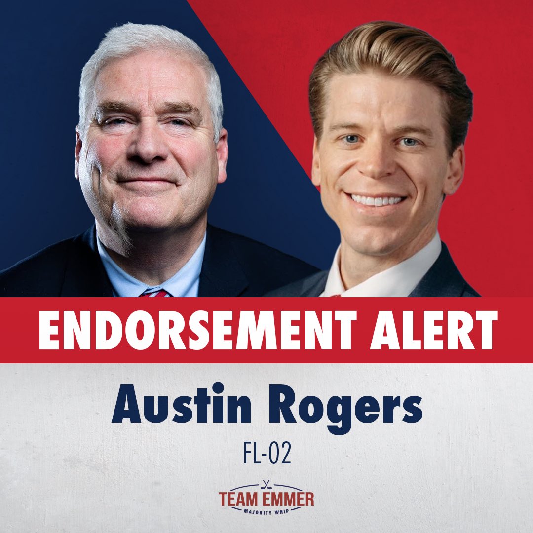 tomemmer's tweet photo. Austin Rogers is the America First conservative we need in Congress. His experience serving as Chief Counsel to Senators Lindsey Graham and Rick Scott has prepared him to hit the ground running and advance President Trump's agenda from day one. I'm proud to give @rogersforfl my complete and total support for Florida's 2nd Congressional District.