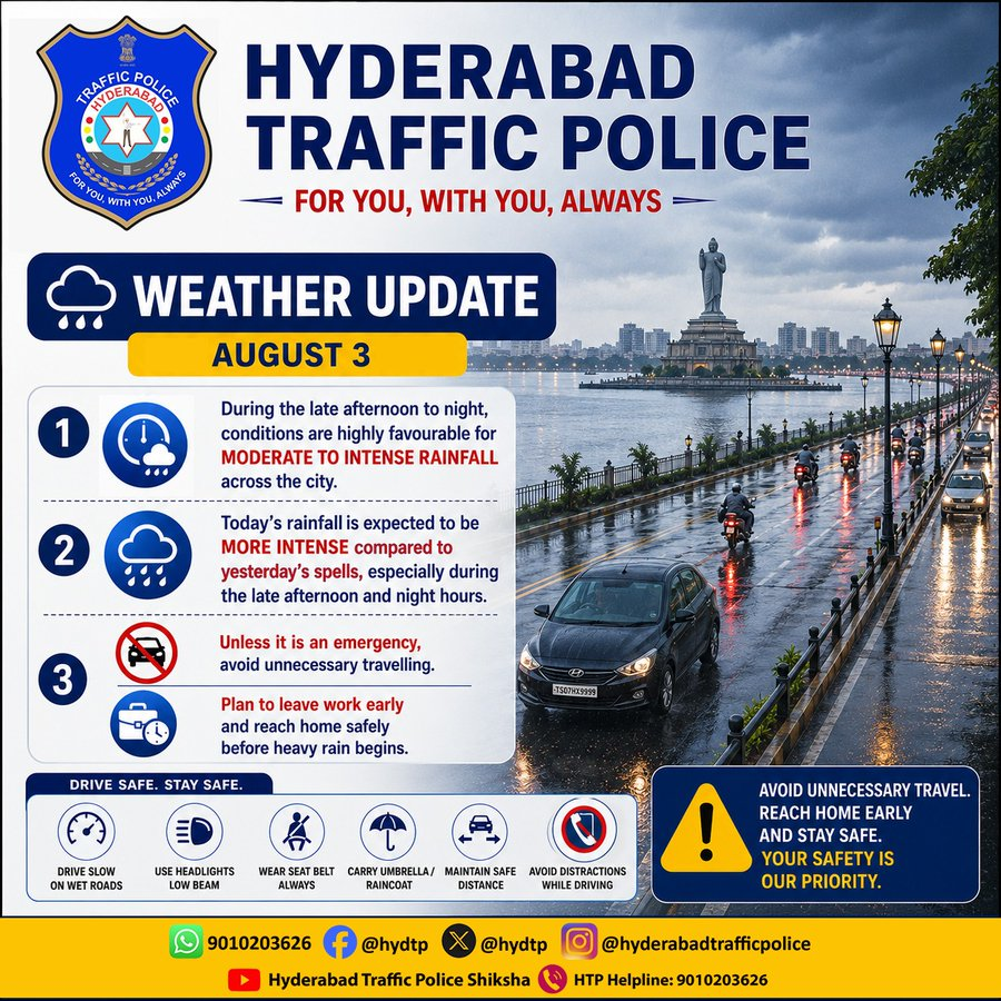 Appleap2327's tweet photo. హైదరాబాద్‌లో వెస్ట్, నార్త్, సెంట్రల్ ప్రాంతాల్లో భారీ వర్షాల హెచ్చరిక జారీ . 

ప్రజలు అప్రమత్తంగా ఉండాలని, అనవసర ప్రయాణాలు నివారించాలని అధికారులు సూచించారు.
#HyderabadRains #Hyderabad #RainAlert #TrafficAlert #WeatherUpdate #Telangana #StaySafe https://t.co/t7mrF9OwPe