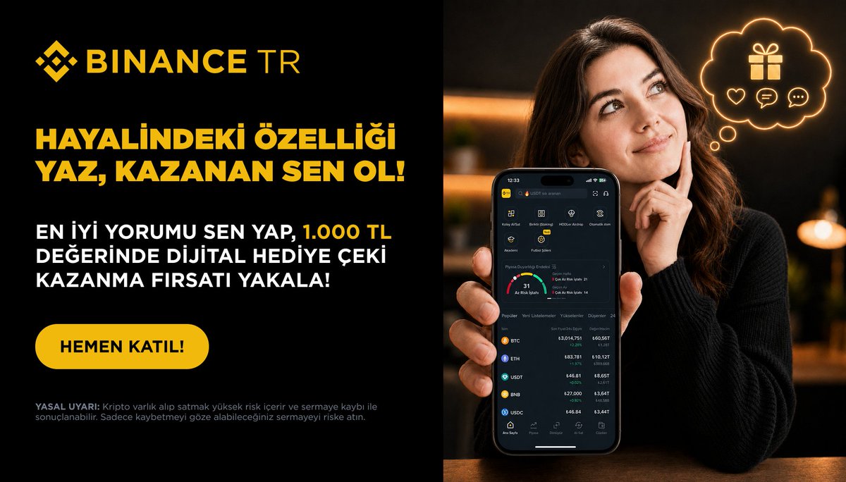 BinanceTR's tweet photo. Binance TR'de ""keşke şöyle bir özellik olsa"" dediğin şey ne? 

Hayalindeki özelliği yorumlara yaz, en iyi yorumu yapanlar arasından 1.000 TL değerinde dijital hediye çekini kap! 🎁

Katılım koşulları:
-@BinanceTR'yi takip et
-Bu postu beğen
-Hayalindeki özelliği yorum olarak yaz

Hayalindeki özelliği yaz, kazanan sen ol!
https://t.co/LVoMKtATOa