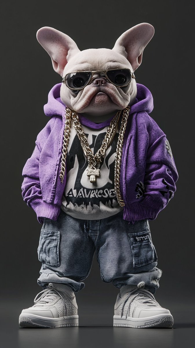 EnmaDrip's tweet photo. Grumpy Frenchie in purple hoodie and gold chains. Pure swagger. #3DArt #DigitalArt https://t.co/S1VtE0hIid