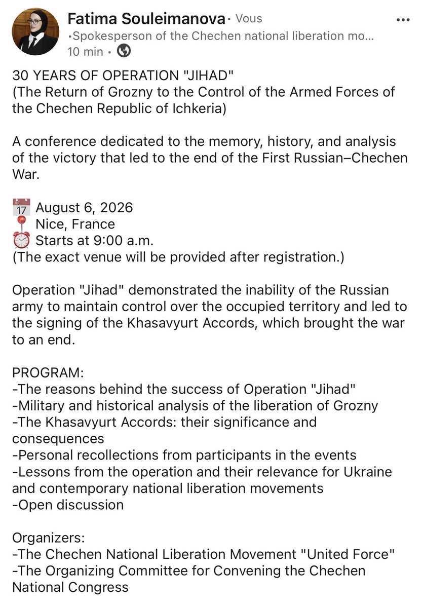 fs03121996's tweet photo. 30 YEARS OF OPERATION "JIHAD"
(The Return of Grozny to the Control of the Armed Forces of the Chechen Republic of Ichkeria)

A conference dedicated to the memory, history, and analysis of the victory that led to the end of the First Russian–Chechen War.

Details below 👇 https://t.co/IdlZ1d3Lhn