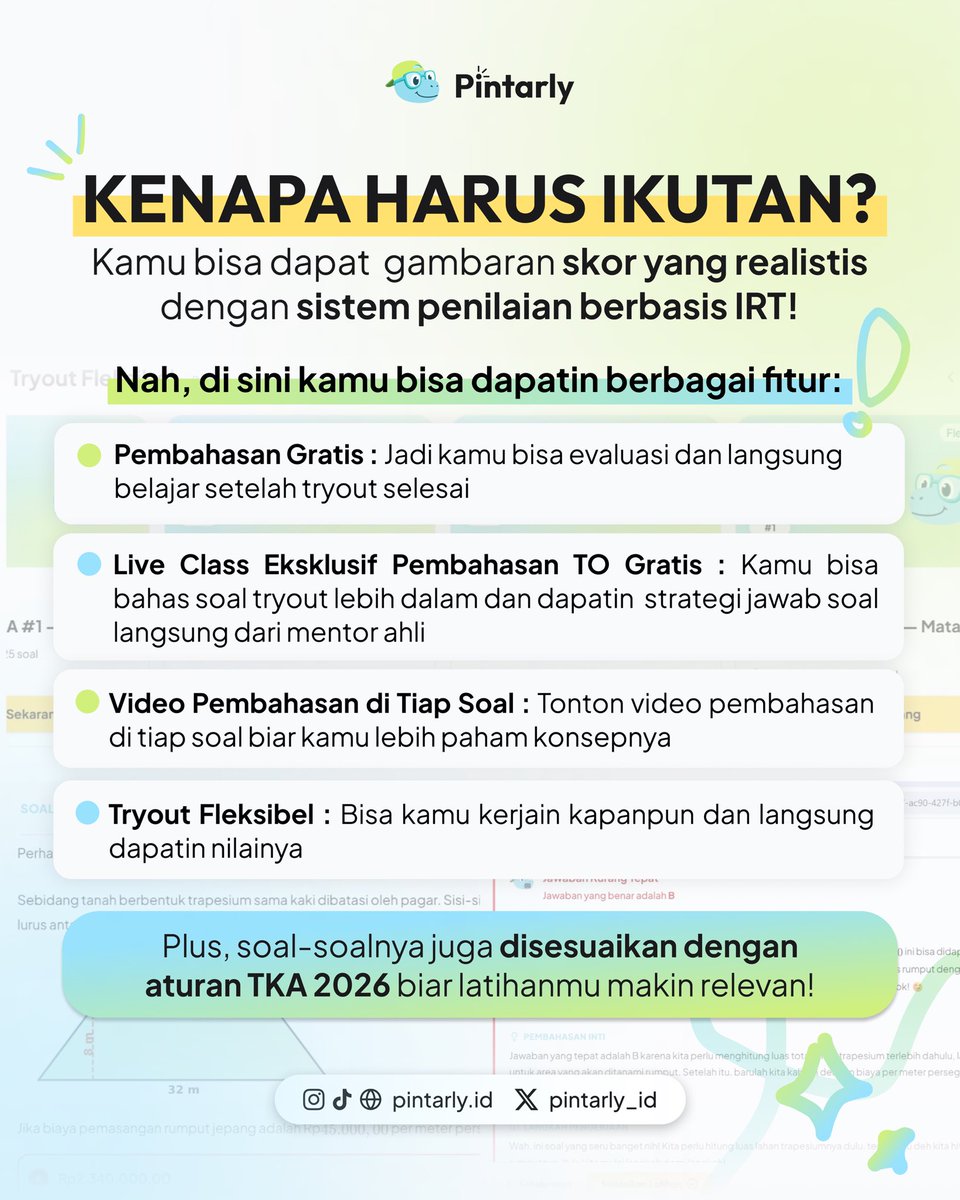 pintarly_id's tweet photo. 🚨 SIAPAAA YANG KEMARIN KETINGGALAN TRYOUT TKA PINTARLY?! ‼️
Sekarang Minly balik lagi bawa kabar bahagia, karena Pintarly BUKA TO GRATIS LAGI 🔥🔥🔥
Yukkk langsung ikutan dan belajar pakai Pintarly 🤩
#studytwt #ptn #tryout #gratis #tka https://t.co/WT7bxA6RqW