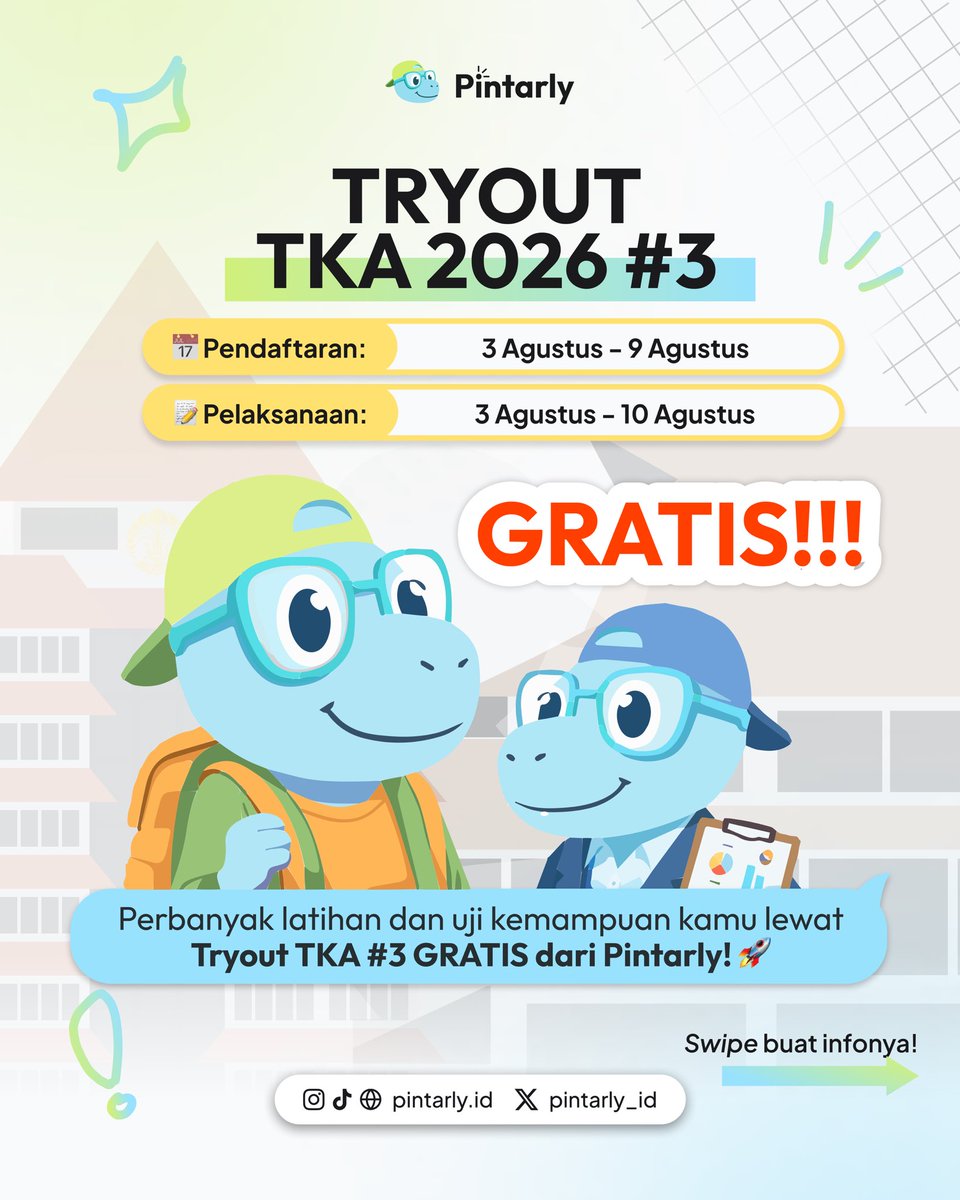pintarly_id's tweet photo. 🚨 SIAPAAA YANG KEMARIN KETINGGALAN TRYOUT TKA PINTARLY?! ‼️
Sekarang Minly balik lagi bawa kabar bahagia, karena Pintarly BUKA TO GRATIS LAGI 🔥🔥🔥
Yukkk langsung ikutan dan belajar pakai Pintarly 🤩
#studytwt #ptn #tryout #gratis #tka https://t.co/WT7bxA6RqW
