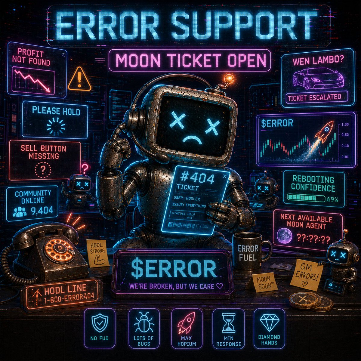 404coin_meme's tweet photo. ERROR SUPPORT CENTER: TICKET #404 OPENED

Issue reported:
Moon not found.
Sell button missing.
Confidence rebooting.
Estimated response time: somewhere between now and the next ATH.

Until then:
Hold the line.
Feed the memes.
Trust the community.

$ERROR — no fix needed. https://t.co/0XH28f8qDa