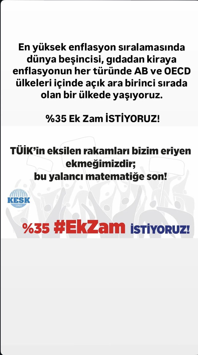 egitim_9's tweet photo. 📢EK ZAM HAKKIMIZDIR! 
🔴En yüksek enflasyon sıralamasında dünya beşincisi, gıdadan kiraya enflasyonun her türünde AB ve OECD ülkeleri içinde açık ara birinci sırada olan bir ülkede yaşıyoruz. %35 #EkZam İSTİYORUZ!
🔴Hepimize Çalışırken Yoksulluk, Emeklilikte Sefalet Dayatılıyor!
Emekli aylıklarımız gittikçe düşüyor.  %35 #EkZam İSTİYORUZ!
🔴HAK VERİLMEZ, MÜCADELE İLE ALINIR! %35 #EkZam İSTİYORUZ!
Yoksulluğu kader gibi gösterenlere karşı sesimizi birleştirelim.