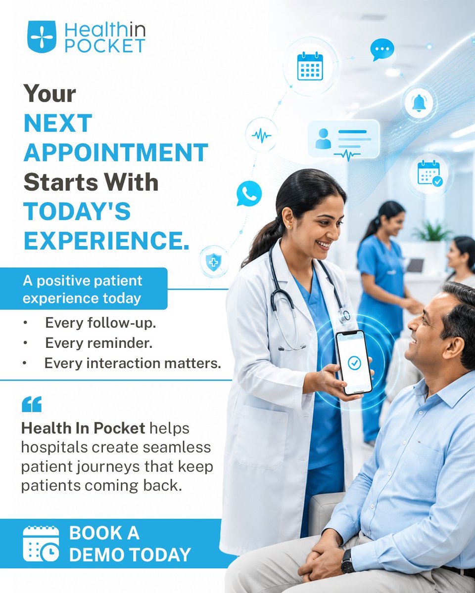 HealthIn_Pocket's tweet photo. Today's patient experience shapes tomorrow's patient loyalty.

Health In Pocket helps hospitals create seamless patient journeys with smarter engagement and connected care.

👉 https://t.co/VVqxiM9hWk

#HealthInPocket #PatientExperience #PatientRetention #HealthTech https://t.co/HxhYN5gcZS