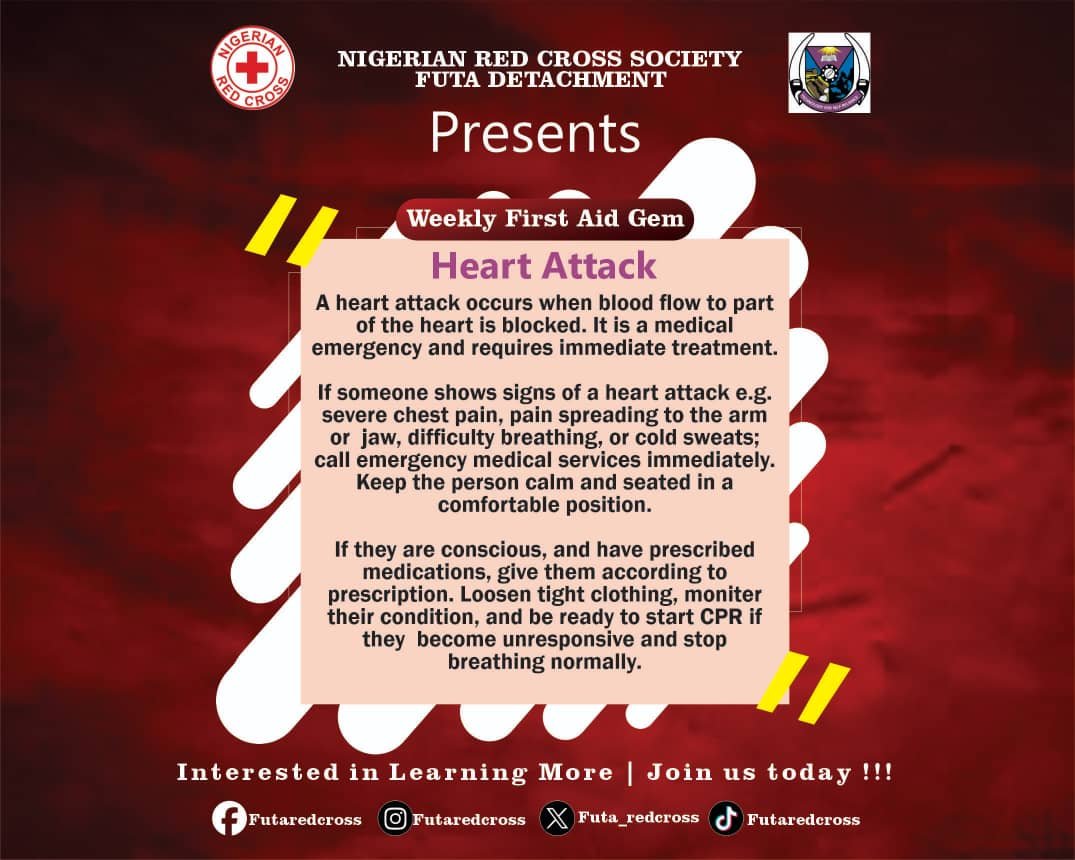 Futa_redcrosS's tweet photo. First Aid Gem: Heart Attack ⛑️

A heart attack is a life-threatening medical emergency that occurs when blood flow to the heart is blocked. Recognizing the warning signs early and responding promptly can greatly improve the person's chances of survival

#FirstAidGem  #HeartAttack https://t.co/U65y80sDw9
