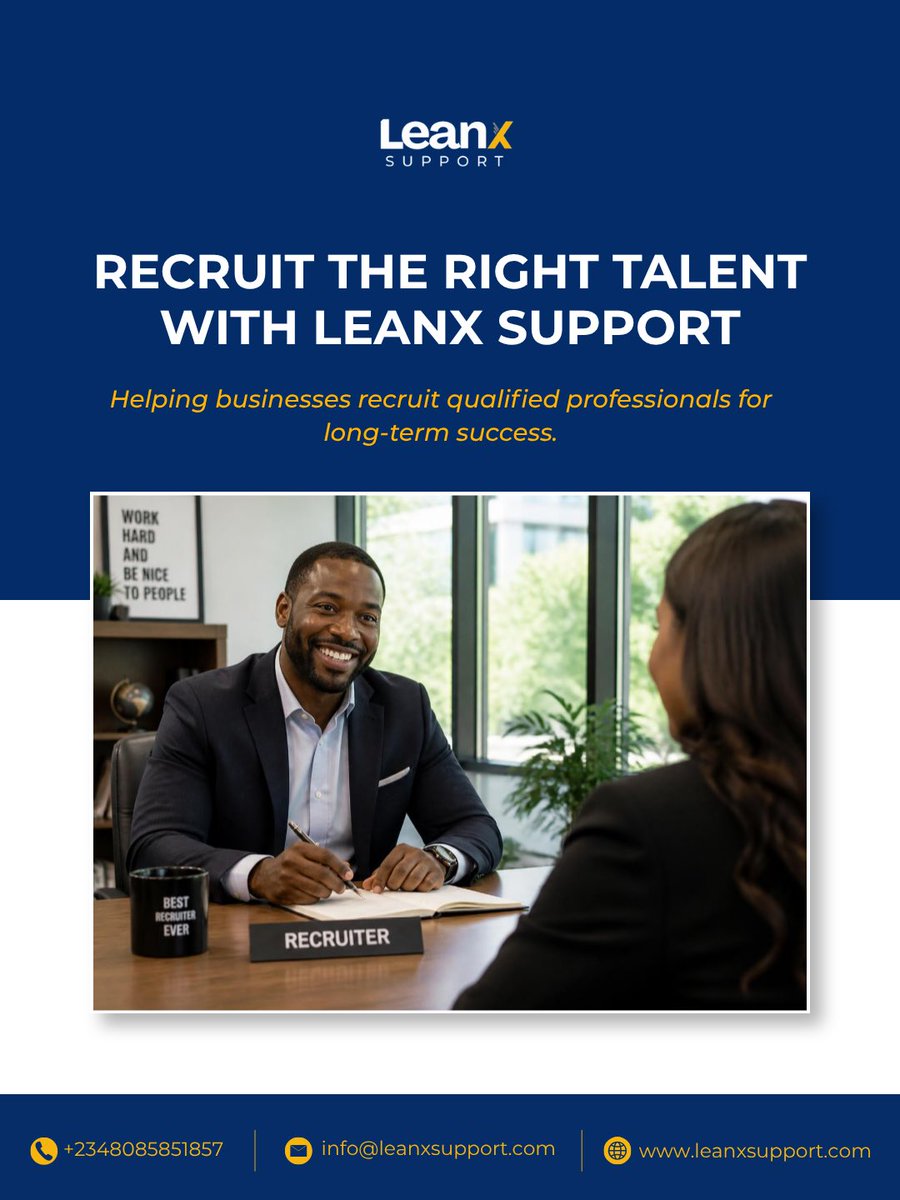 Leanx_Support's tweet photo. Finding the right talent starts with the right recruitment partner.

See how Leanx Support helps businesses recruit qualified professionals through a structured and efficient recruitment process.

+234 808 585 1857

#RecruitmentServices https://t.co/9hIJF2lu7I