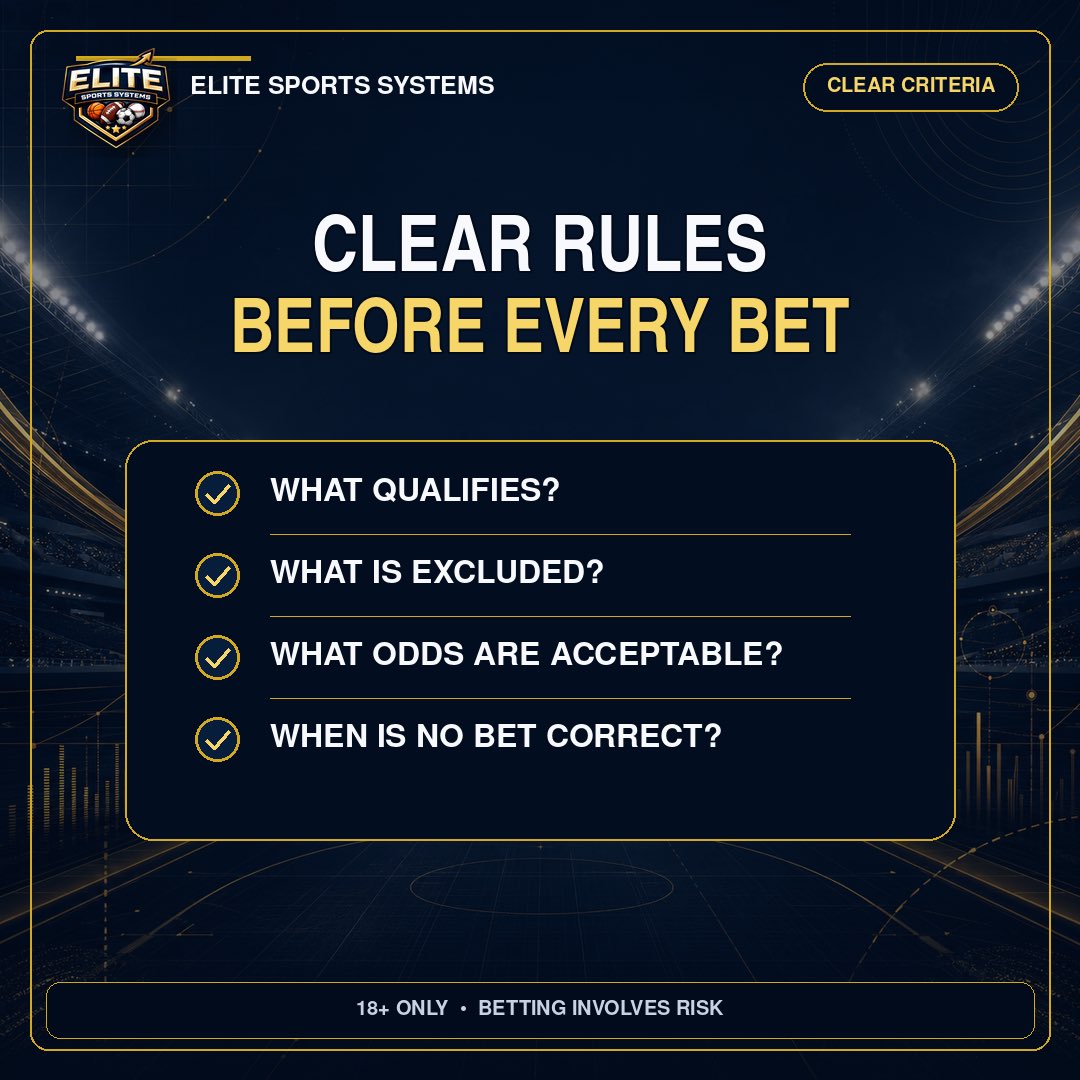 EliteBetsClubUK's tweet photo. Clear rules should come before the bet — not after the result.

What qualifies? What is excluded? Which odds are acceptable? When is no bet correct?

“No bet” is part of the system, not a missed opportunity.

18+ | Betting involves risk. https://t.co/bXOtnlXM8e