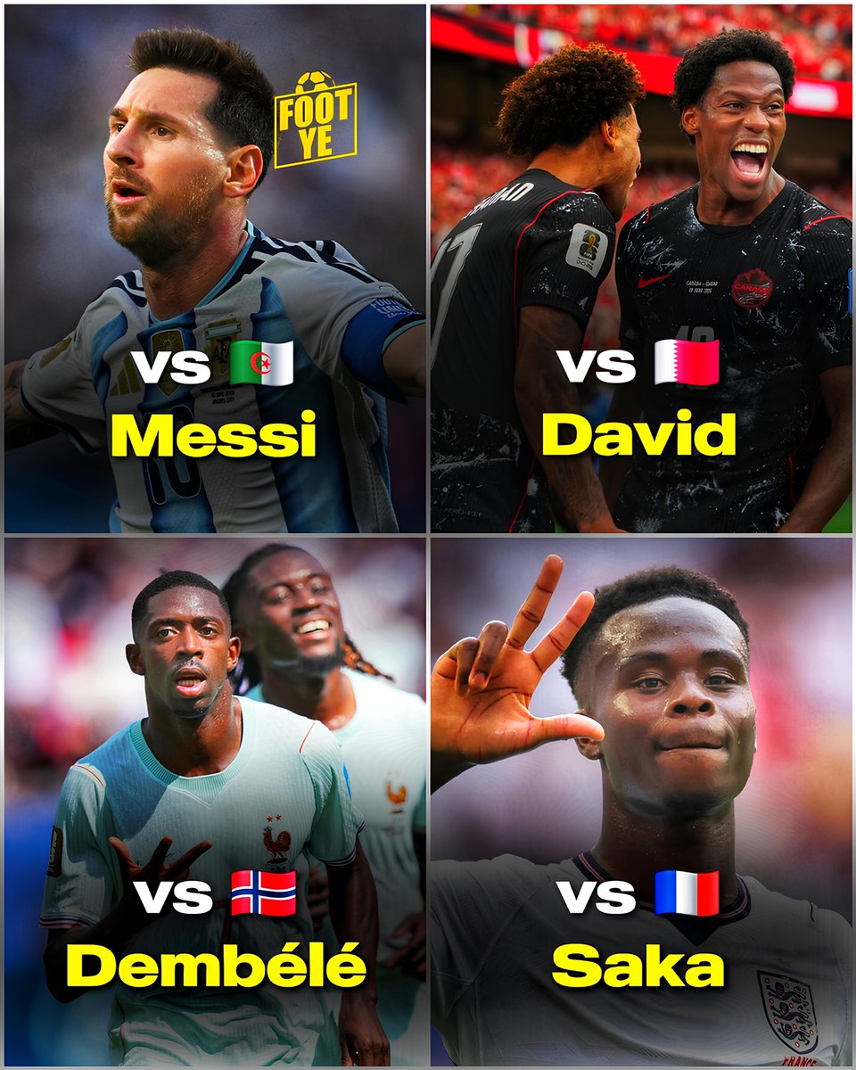Footye_'s tweet photo. 🔴 INCROYABLE ! Seulement 4 joueurs ont inscrit un triplé lors de la Coupe du Monde 2026 ! 🏆😱

🇦🇷 Lionel Messi
⚽️⚽️⚽️ vs Algérie 🇩🇿

🇨🇦 Jonathan David
⚽️⚽️⚽️ vs Qatar 🇶🇦

🇫🇷 Ousmane Dembélé
⚽️⚽️⚽️ vs Norvège 🇳🇴

🏴󠁧󠁢󠁥󠁮󠁧󠁿 Bukayo Saka
⚽️⚽️⚽️ vs France 🇫🇷

Ballon d’Or en titre, Ousmane Dembélé est le seul Français à avoir réussi cette performance durant la compétition... ❤️