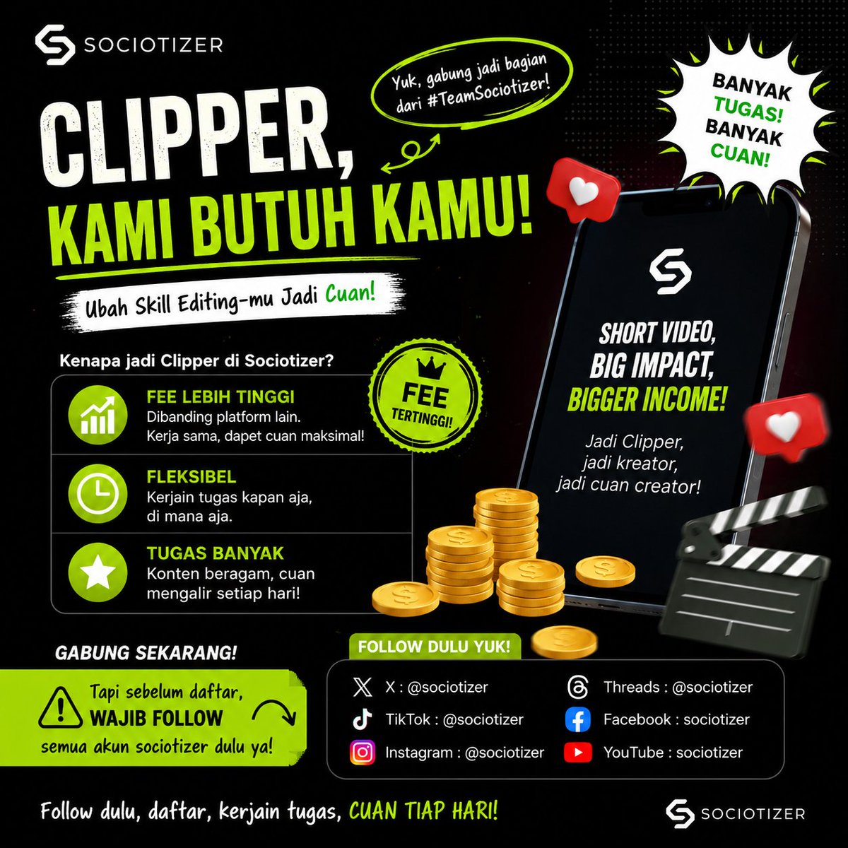 sociotizer's tweet photo. 🚨 Lagi cari cara nambah penghasilan dari skill editing video?

Sociotizer lagi buka banyak tugas untuk Clipper! ✂️📱

Kenapa gabung di Sociotizer?
✅ Fee kontributor lebih kompetitif dibanding banyak platform lain.
✅ Tugas terus bertambah.
✅ Fleksibel, kerjakan kapan saja & di mana saja.
✅ Cocok buat pelajar, mahasiswa, freelancer, maupun content creator.

📢 Sebelum daftar, wajib follow dulu semua akun Sociotizer ya!

𝕏 : @sociotizer
TikTok : @sociotizer
Instagram : @sociotizer
Threads : @sociotizer
Facebook : sociotizer
YouTube : sociotizer

Kalau kamu suka bikin potongan video yang menarik dan punya sense bikin konten viral, ini saatnya ubah skill jadi cuan! 🔥

Yuk follow dulu, lalu daftar dan mulai kerjakan tugas pertamamu di Sociotizer.

#Clipper #FreelanceIndonesia #CariCuan #SideHustle #Sociotizer