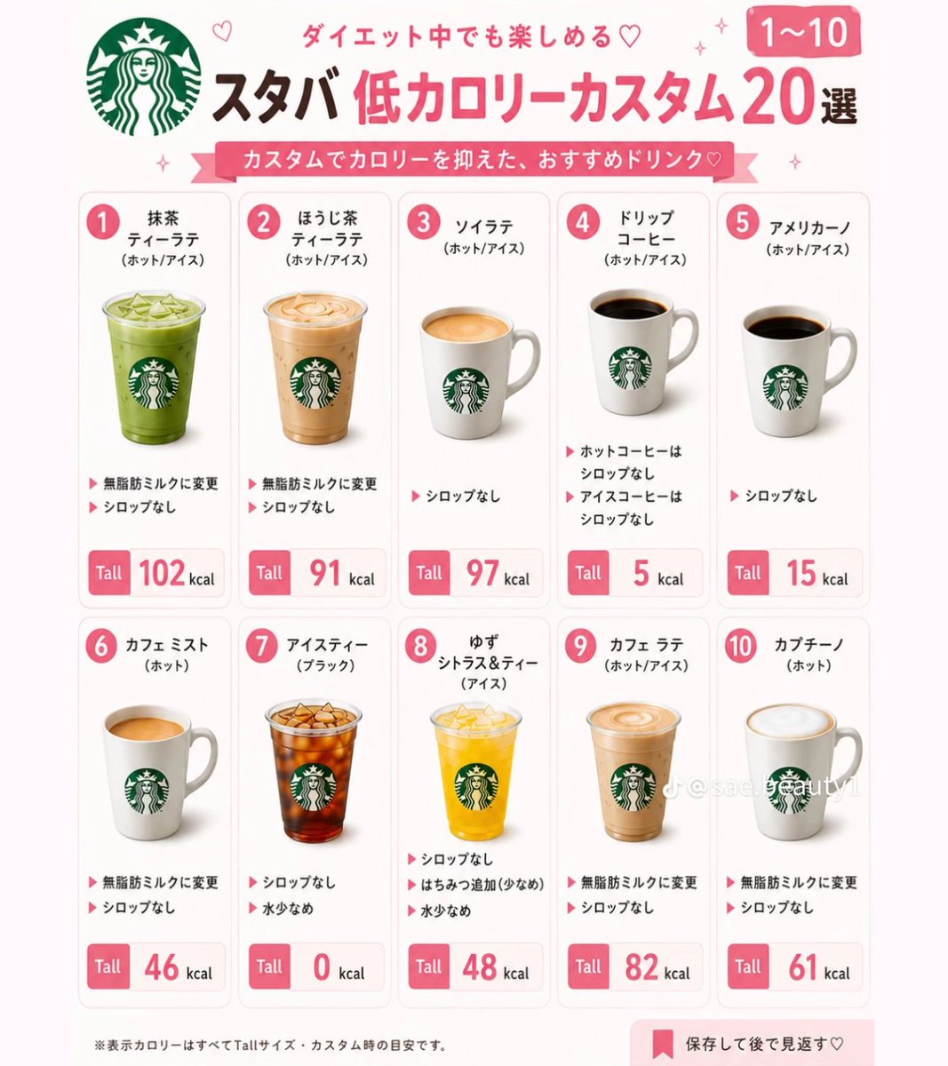 CotomiAsobina's tweet photo. ダイエット中でも罪悪感なく飲める、
スタバ低カロリーカスタム一覧見つけたから載せとくね🫶🏻 https://t.co/0NnmT7DDXy