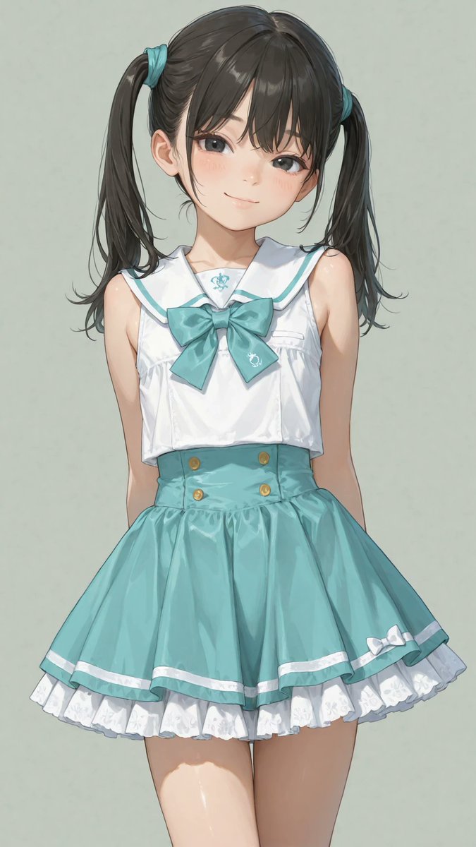 AliceLavli's tweet photo. セーラー&ハイウェストフレアスカートの衣装プロンプトをどうぞ✨
sleeveless sailor-inspired fit-and-flare dress, crisp white sleeveless collared button-up bodice, fitted shirt construction, small turquoise satin bow tie beneath the collar, high-waisted wide deep teal waistband with two rows of gold buttons, gathered bright turquoise flared mini skirt, white double sailor stripes around the skirt hem, layered white ruffle petticoat peeking beneath the hem, smooth lightweight fabric, clean structured silhouette, fresh summer nautical aesthetic, strict color placement, white bodice only, turquoise bow tie only, deep teal waistband only, gold buttons only, bright turquoise skirt only, white sailor stripes only, white ruffle petticoat only