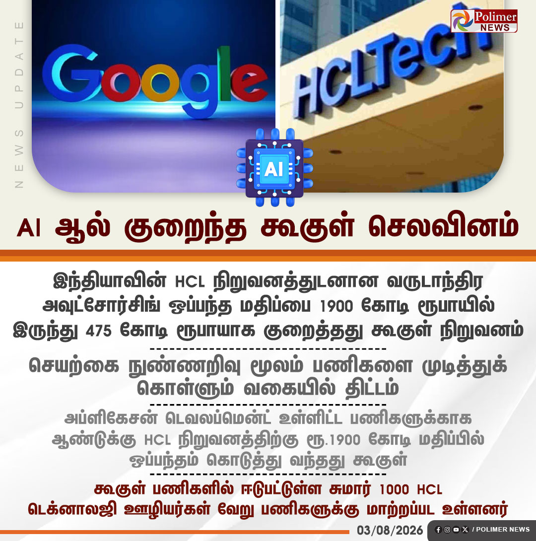 polimernews's tweet photo. #NEWSUPDATE || AI ஆல் குறைந்த கூகுள் செலவினம் | #Google | #HCL | #India | #AI | #ApplicationDevelopment | #Technology | #PolimerNews https://t.co/8OVUdvsChe