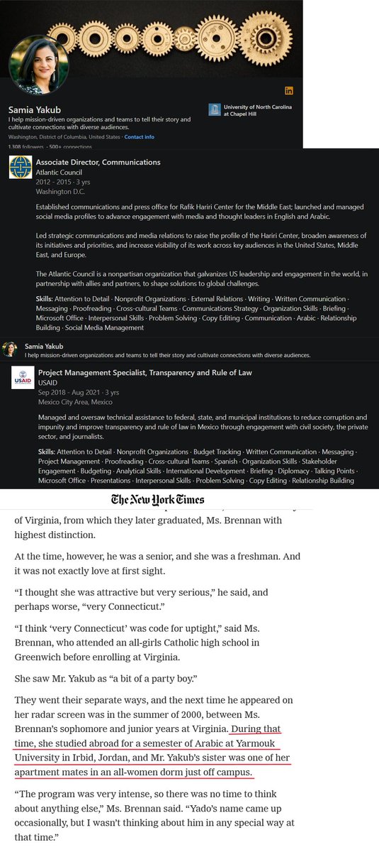 LangleyOrbit's tweet photo. Margaret Brennan's husband graduated from Langley HS. He worked for Biden -- his LinkedIn before edits. His sister was roommates with Margaret in Irbid, Jordan where they learned Arabic. Samia was USAID and Atlanic Council. She delelted her page after Trump axed USAID. https://t.co/0Nv01HdL8g