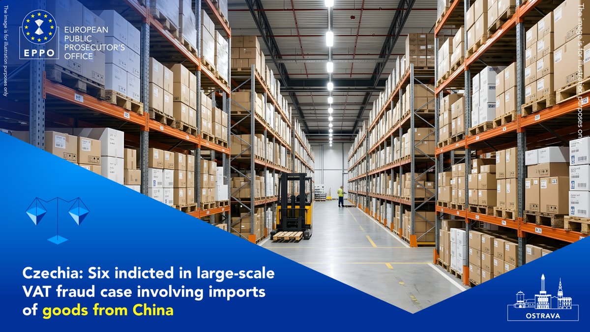EUProsecutor's tweet photo. The EPPO in Ostrava 🇨🇿 has indicted 5 individuals and 1 company suspected of defrauding over €17.4 million in VAT on goods imported from China. The investigation concerns an alleged scheme involving fictitious intra-EU supplies and e-commerce sales. More: https://t.co/CnkyXJyJWi https://t.co/lXN1T586oZ