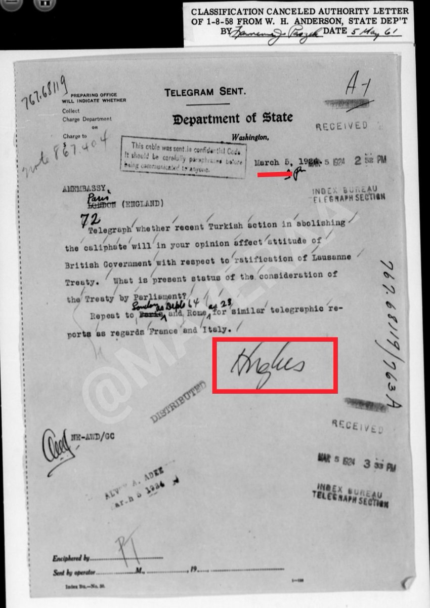 MustafaEkkin's tweet photo. HİLAFET-LOZAN İLİŞKİSİ &amp; COK NET BELGE 5 MART 1924

ABD Dışişleri Bk Hughes imzası ile;
Hilafetin ilgasının, Batılı güçlerin (İngiltere, Fransa, İtalya) Lozan Antlaşması'nı onaylama sürecini nasıl etkileyeceğini hızlıca bildiriniz.

>"Gizli kod ile gönderilmiştir, dikkat ediniz" https://t.co/AGKZgUg994