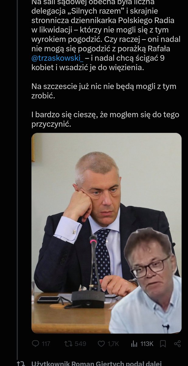 r00t_Sigvall's tweet photo. Paweł Jabłoński @paweljablonski_ zablokował mi możliwość odpowiedzi i cytowania jego wpisów, dlatego odnoszę się do tej publikacji w osobnym wpisie.

Paweł Jabłoński, prawnik i były wiceminister spraw zagranicznych, opublikował wpis, w którym przedstawia warunkowe umorzenie postępowania wobec członkiń komisji wyborczej jako ich oczyszczenie z zarzutów i kolejną porażkę Silnych Razem.

To jest nieprawda. 

I trudno uwierzyć, że prawnik tej klasy nie rozumie, co oznacza warunkowe umorzenie postępowania.

Sąd nie uniewinnił oskarżonych. Nie stwierdził, że czynu nie było. Nie uznał postępowania za polityczną represję ani zarzutów za absurd.

Warunkowe umorzenie jest możliwe właśnie wtedy, gdy okoliczności popełnienia czynu nie budzą wątpliwości, lecz wina i społeczna szkodliwość nie są znaczne, a wymierzenie kary nie jest konieczne.

W tej sprawie ustalono, że 110 głosów oddanych na Rafała Trzaskowskiego przypisano Karolowi Nawrockiemu, a do protokołu wpisano nieprawdziwy wynik obwodu. To nie jest opinia mec. Giertycha, mediów ani Silnych Razem. To wynik oględzin kart i ustaleń postępowania.

Nieprawdą jest również sugestia, że prokuratura chciała "wsadzić dziewięć kobiet do więzienia", a dopiero później rozsądny prokurator zatrzymał polityczne prześladowanie. To prokuratura skierowała do sądu wniosek o warunkowe umorzenie.

PanJabłoński zna różnicę między uniewinnieniem a warunkowym umorzeniem. Zna także art. 66 k.k. Mimo to opisuje rozstrzygnięcie w sposób całkowicie sprzeczny z jego rzeczywistym znaczeniem.

To nie jest pomyłka, skrót myślowy ani publicystyczna przesada. To świadome wprowadzanie odbiorców w błąd przez prawnika, który liczy na to, że większość z nich nie zna procedury karnej i nie sprawdzi, co sąd naprawdę orzekł.

A następnie na tej nieprawdzie buduje opowieść o rzekomym "państwie Tuska", politycznym polowaniu i rzekomym fałszu zarzutów.

Nie broni tych kobiet. Wykorzystuje ich sprawę do politycznej manipulacji !