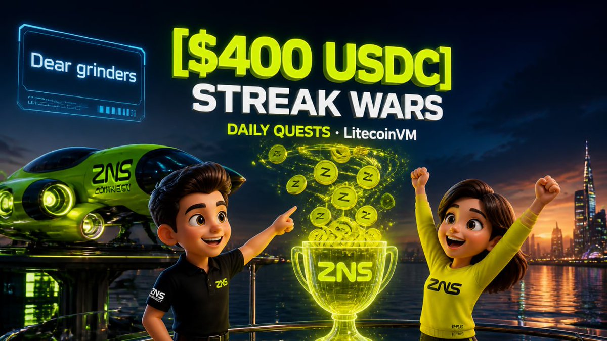 zns_bio's tweet photo. Dear grinders 📟

Streak Wars is back and this round hits different 🏆

💰 $400 USDC prize pool
⚡️ Daily onchain quests on @LitecoinVM 
🔥 Keep your streak alive to climb the board
🏅 Rewards split every 2 weeks

Don't miss today's quest 👇
https://t.co/ACibV8CuWc

#ZNSConnect #StreakWars #LitecoinVM